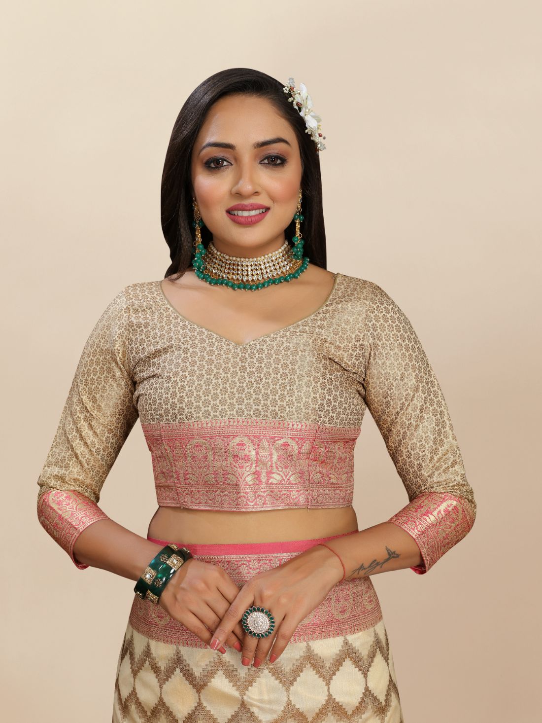 Cream Color Soft katan silk saree with copper zari weawing design and Rich Zari weawing Pallu with Unstiched Blouse piece.