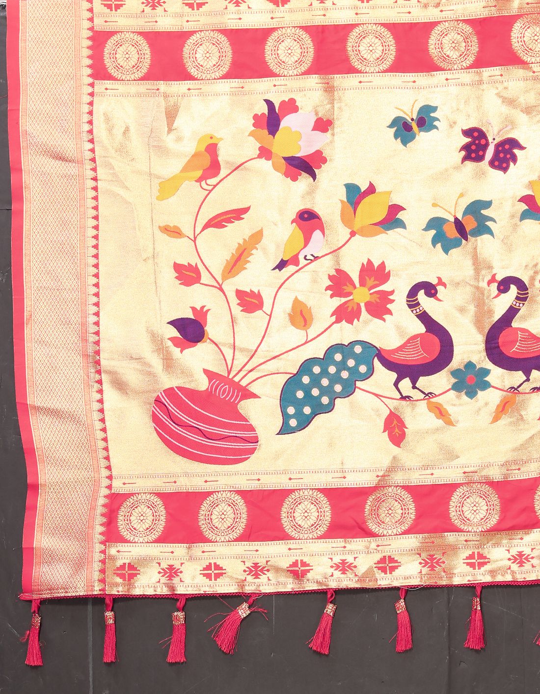 Pink Color Zari Woven Soft Paithani Silk Sarees With Rich Weaving Pallu with tassels.