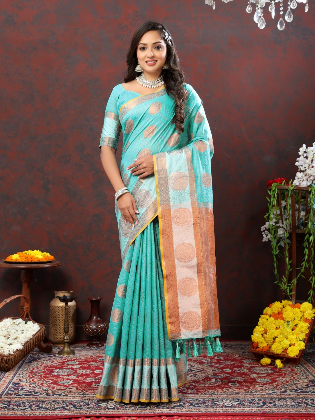 Light Blue Soft Cotton Silk Saree With Zari Weawing Design And Rich Zari Weawing Pallu With Contrast Border & Tessels Attach In Pallu With Unstiched Blouse Pieces.