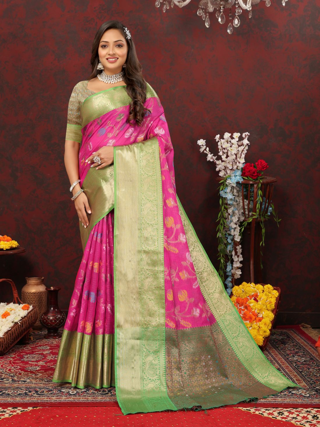 Pink Color Soft Cotton Silk Saree With Meenakari Weawing Design And Rich Zari Weawing Pallu And Contras Border With Unstiched Blouse Piease.