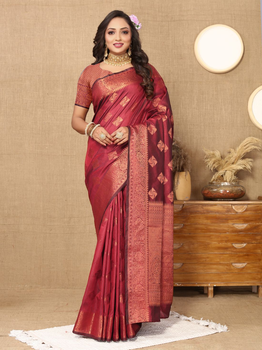 Maroon Color Soft Katan Silk saree with copper zari weawing design and Rich Zari weawing Pallu with Unstiched Blouse piece