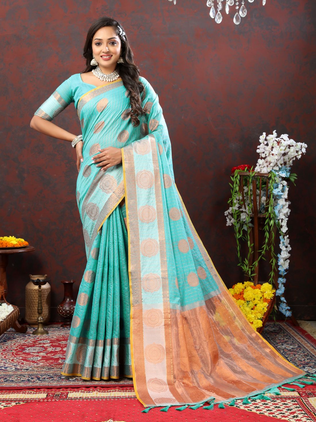 Light Blue Soft Cotton Silk Saree With Zari Weawing Design And Rich Zari Weawing Pallu With Contrast Border & Tessels Attach In Pallu With Unstiched Blouse Pieces.