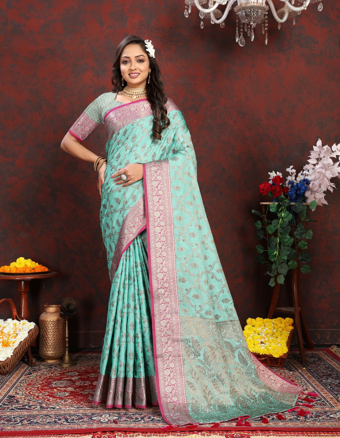 Light Blue Color Soft katan silk saree with copper zari weawing design and Rich Zari weawing Pallu with Unstiched Blouse piece.