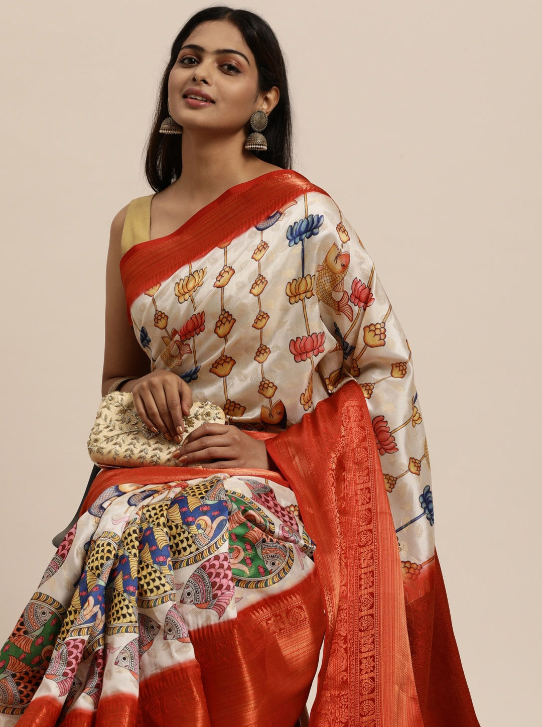 Soft Kanjivaram Silk Saree with Kalamkari Design.