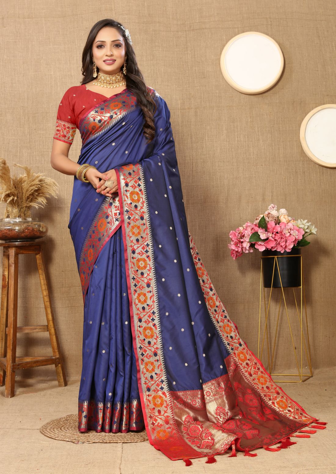 Nevy Blue Color Golden Zari Woven Soft Paithani Silk Sarees With Rich Weaving Pallu with tassels.