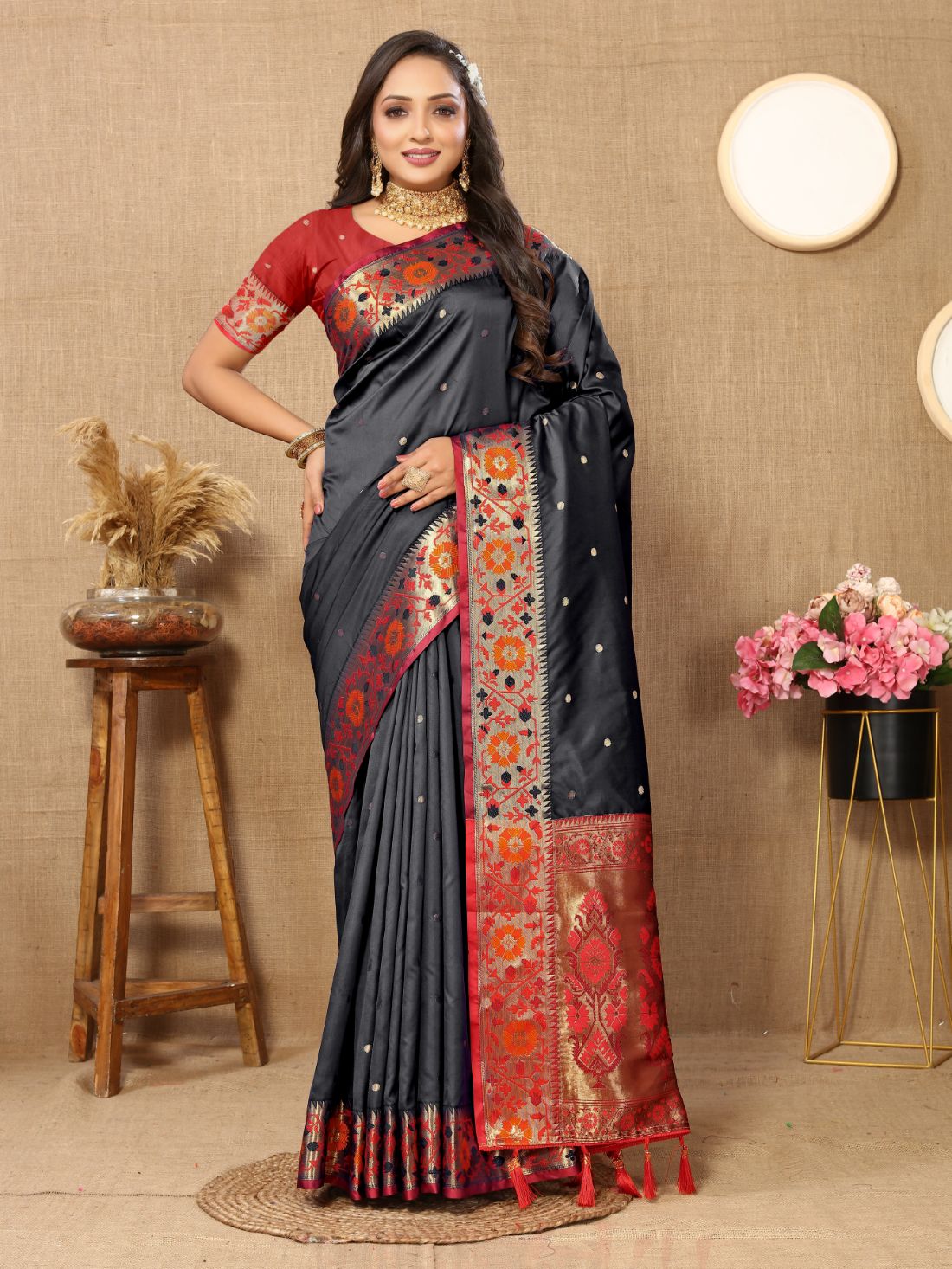Black Color Golden Zari Woven Soft Paithani Silk Sarees With Rich Weaving Pallu with tassels.