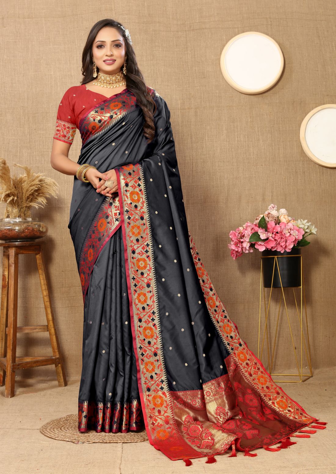 Black Color Golden Zari Woven Soft Paithani Silk Sarees With Rich Weaving Pallu with tassels.