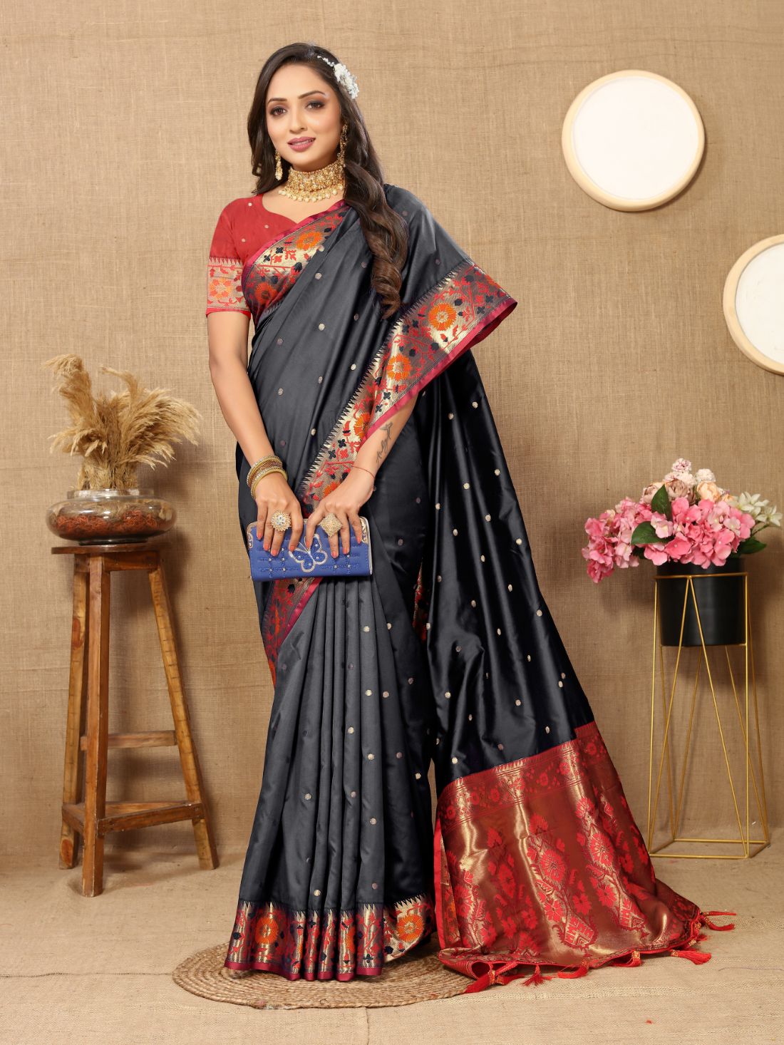 Black Color Golden Zari Woven Soft Paithani Silk Sarees With Rich Weaving Pallu with tassels.