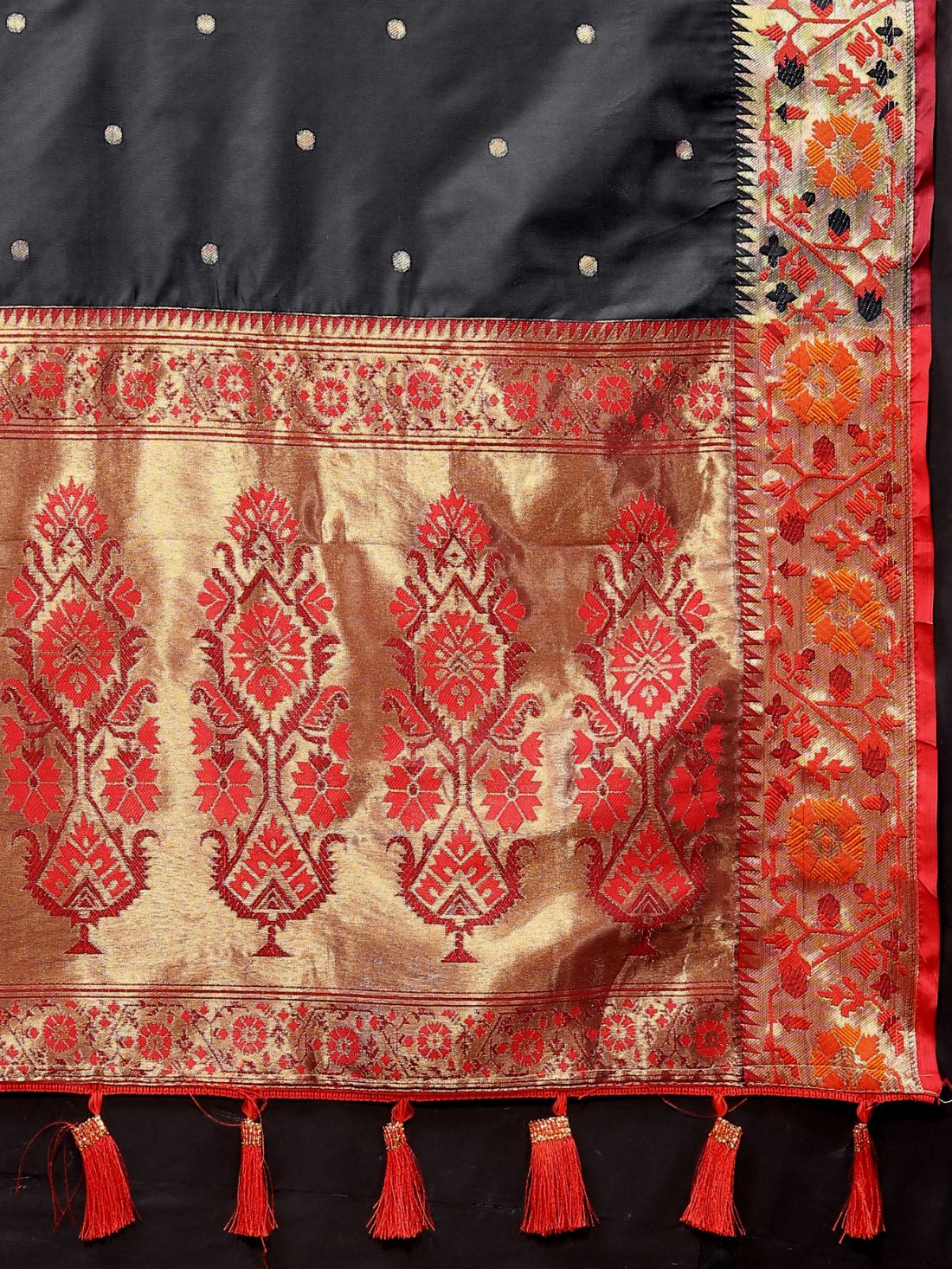 Black Color Golden Zari Woven Soft Paithani Silk Sarees With Rich Weaving Pallu with tassels.