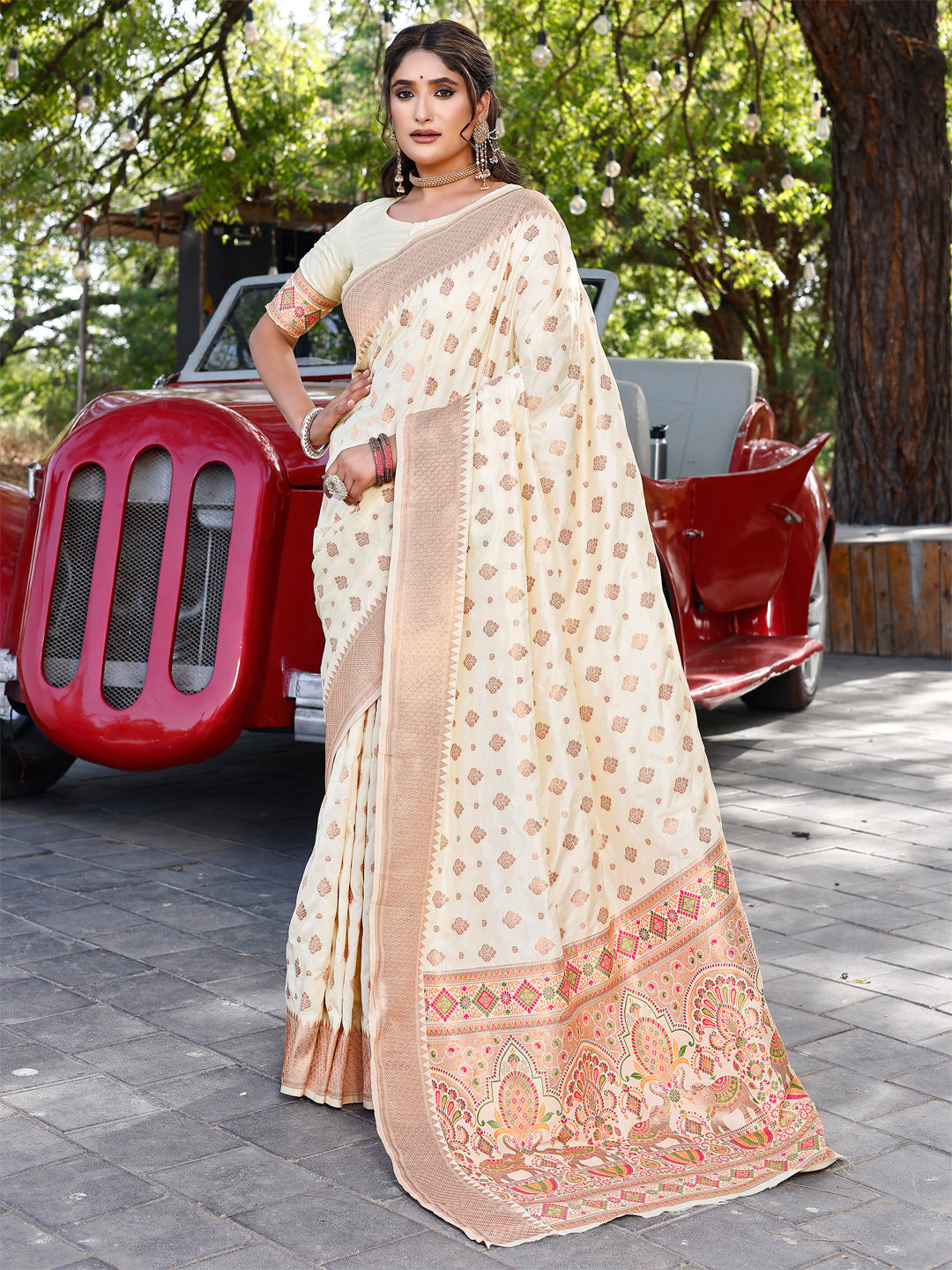 CHITRAA-2 Kekovi Handcrafted Blanched Almond and Cotton Silk Timeless Appeal Saree