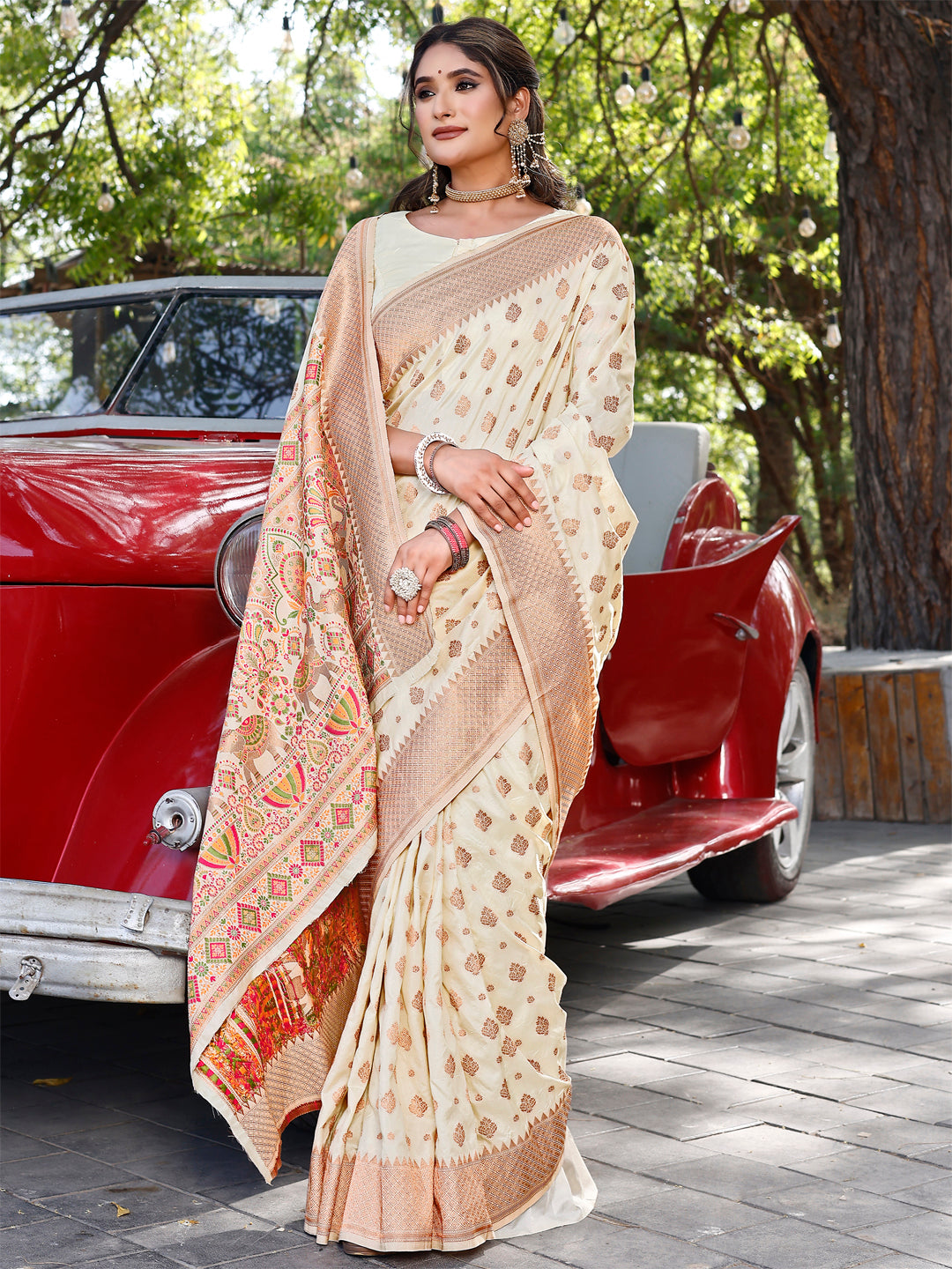 CHITRAA-2 Kekovi Handcrafted Blanched Almond and Cotton Silk Timeless Appeal Saree