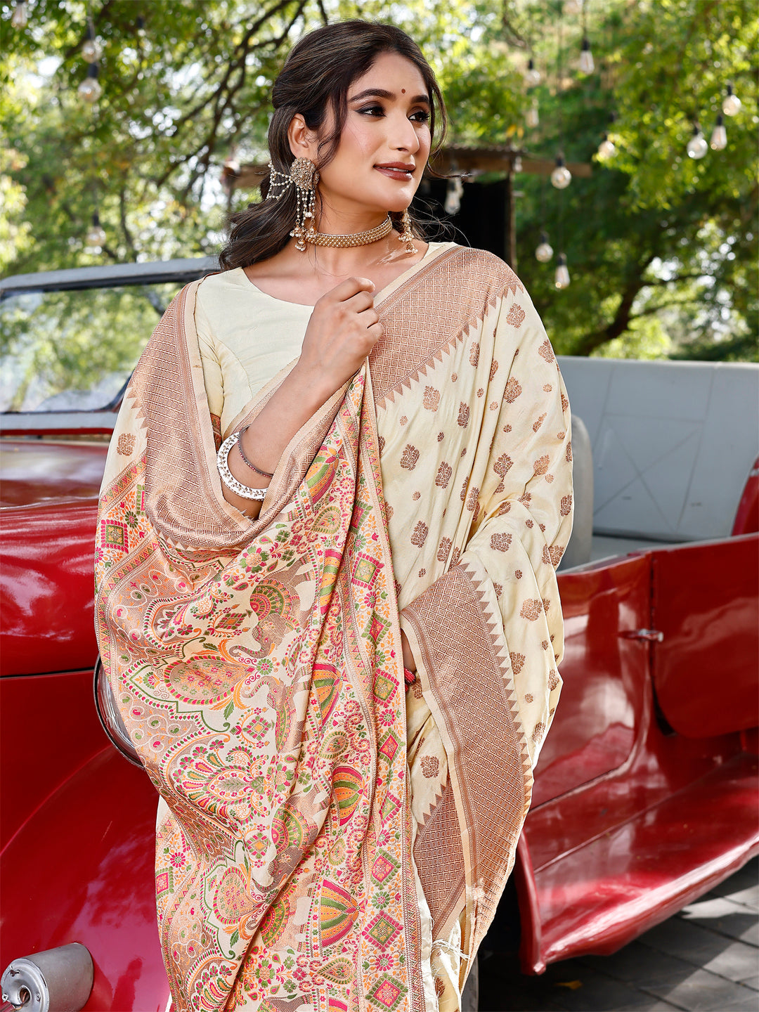 CHITRAA-2 Kekovi Handcrafted Blanched Almond and Cotton Silk Timeless Appeal Saree