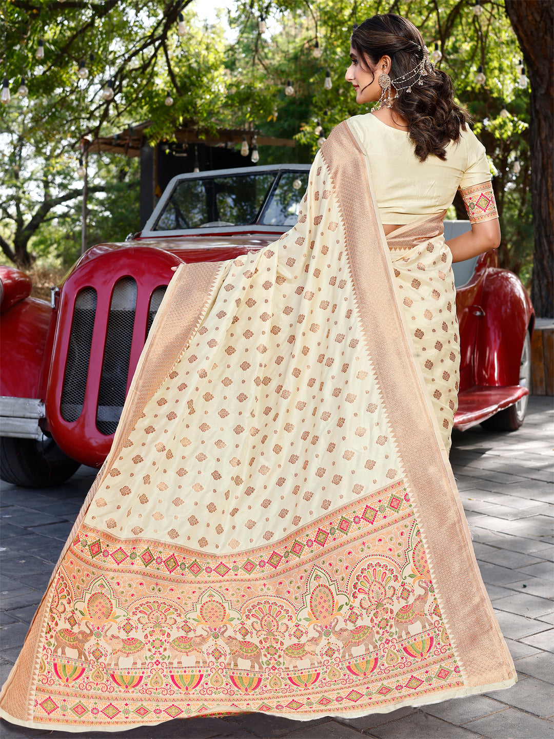 CHITRAA-2 Kekovi Handcrafted Blanched Almond and Cotton Silk Timeless Appeal Saree