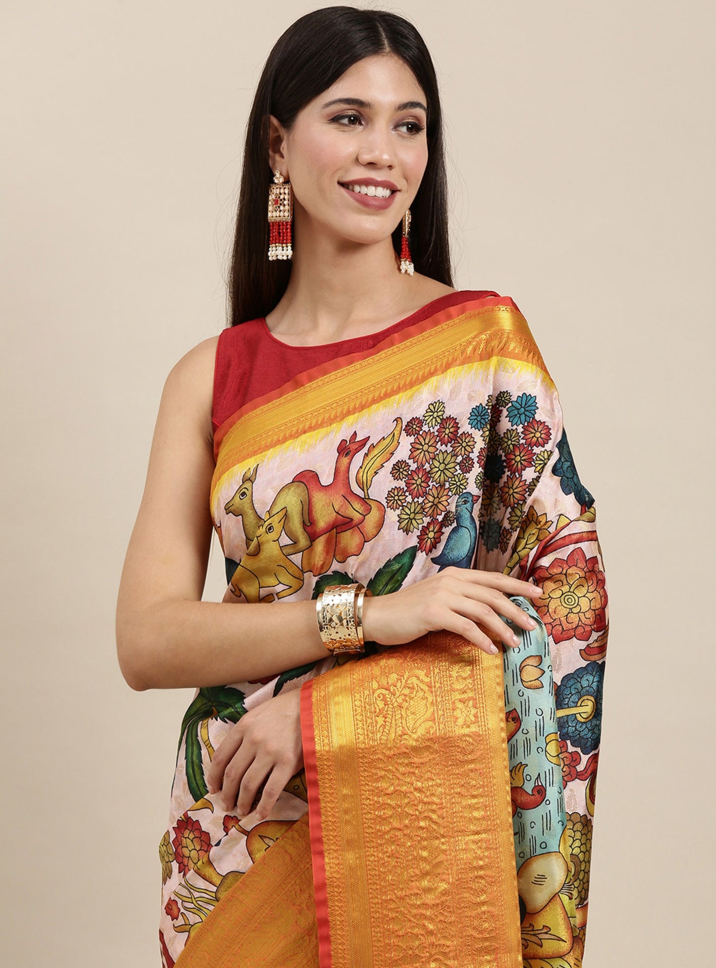 Soft Kanjivaram Silk Saree with Kalamkari Design