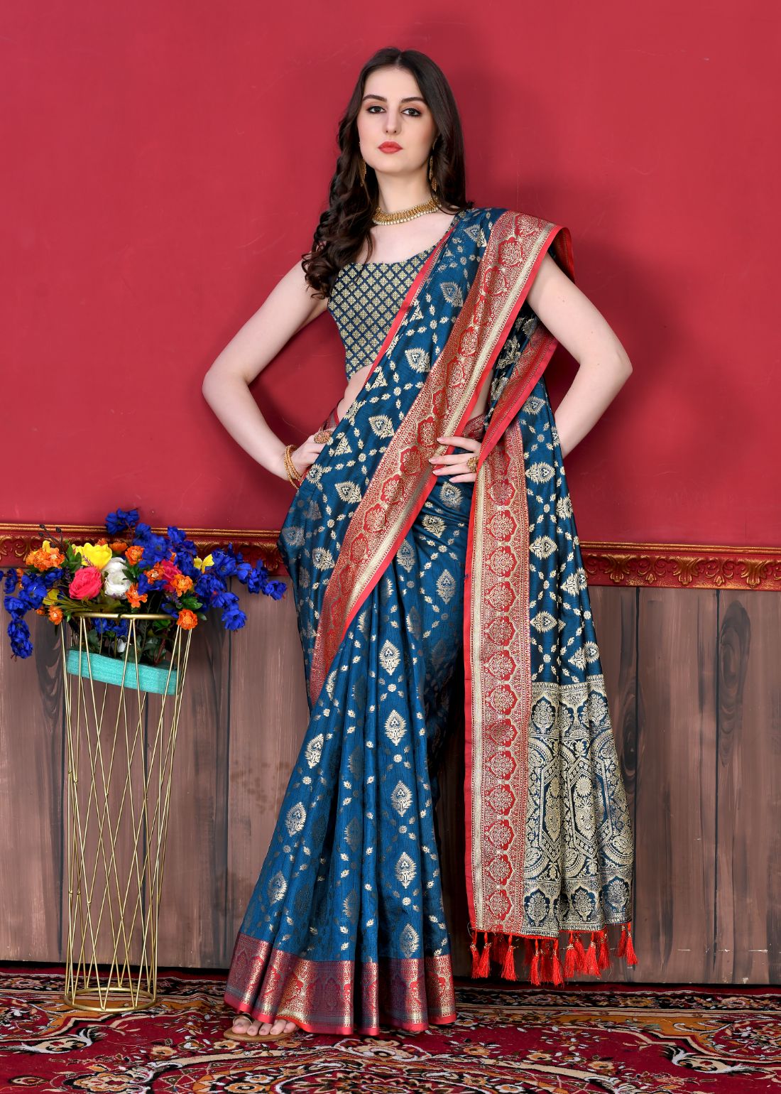Nevy Blue Color Exclusive Soft Silk Zari Woven Work With Rich Pallu and Contrast Border With Tessels Women's Saree with Unstiched Blouse Pieces.