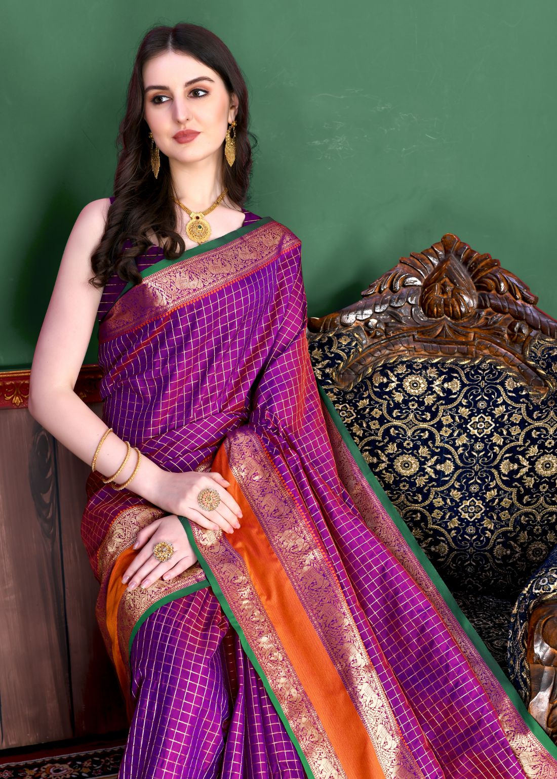 Purple Color Beautiful Checked Designer Soft Silk Saree For Women with Unstiched Blouse Pieces