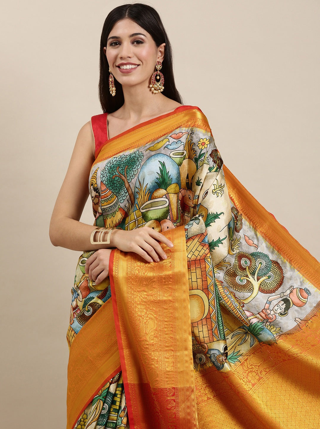 Soft Kanjivaram Silk Saree with Kalamkari Design