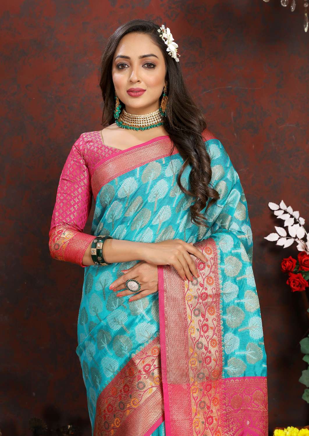 Light Blue & Pink Color Women’s Zari Woven Designer Soft Organza Silk Saree and Rich Pallu Weawing Unstitched Blouse With Blouse Piece.