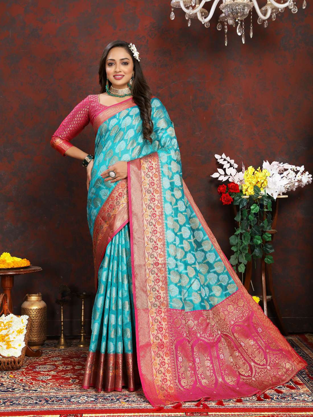 Light Blue & Pink Color Women’s Zari Woven Designer Soft Organza Silk Saree and Rich Pallu Weawing Unstitched Blouse With Blouse Piece.