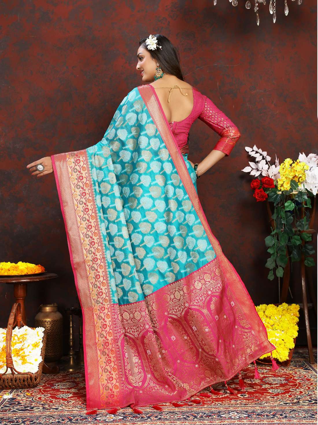 Light Blue & Pink Color Women’s Zari Woven Designer Soft Organza Silk Saree and Rich Pallu Weawing Unstitched Blouse With Blouse Piece.