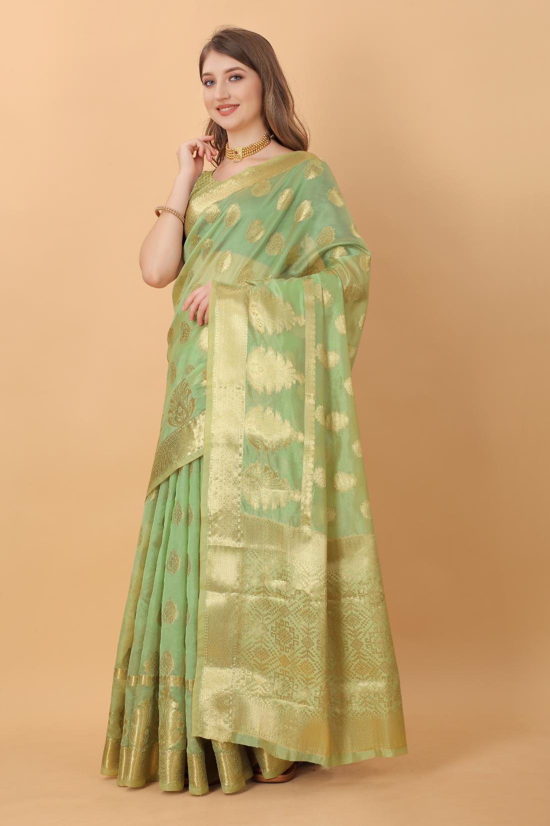 Light Green Color Women’s Rich Golden Zari Woven Soft Organza Silk Saree with Unstitched Blouse Piece.