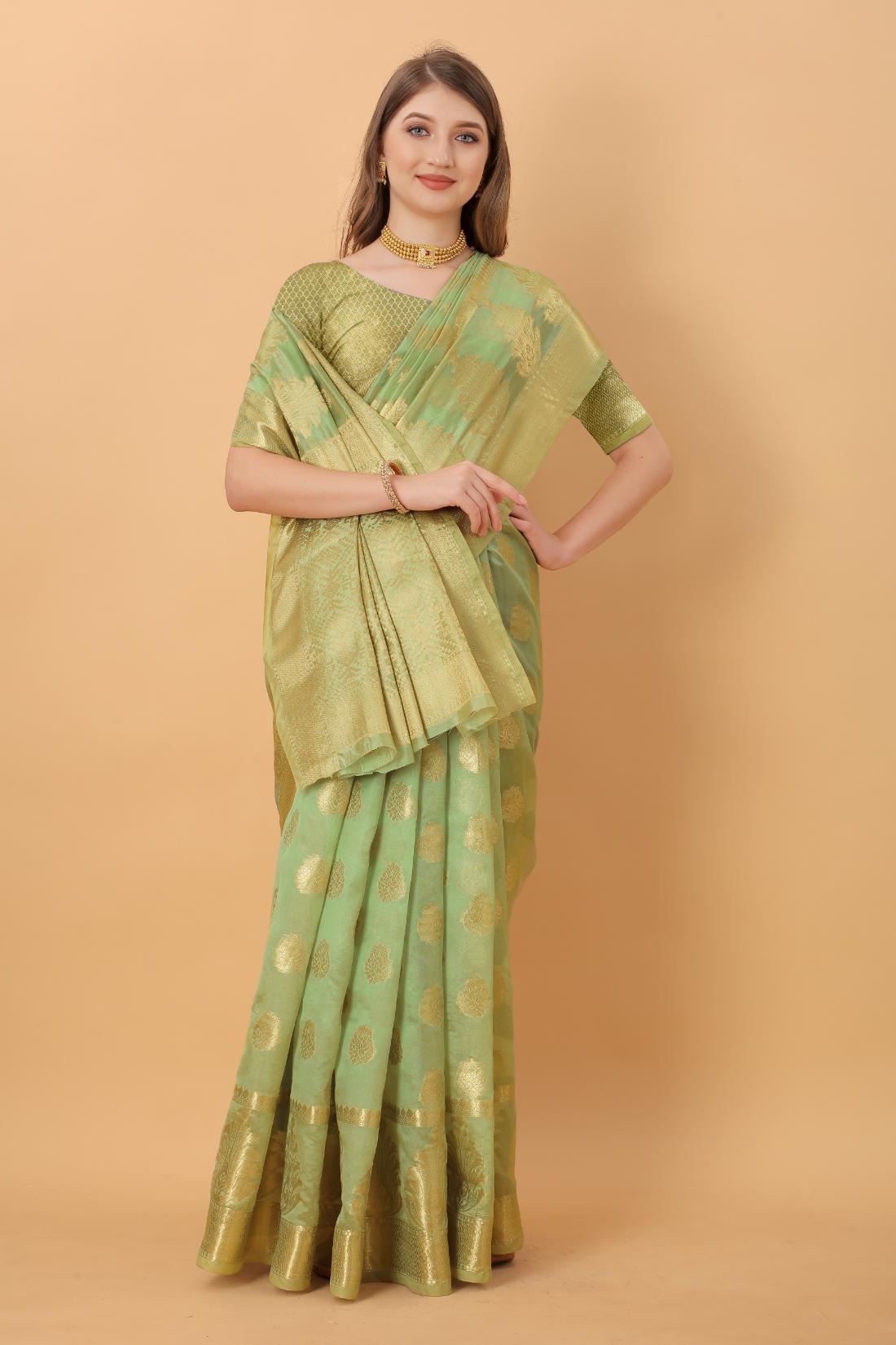 Light Green Color Women’s Rich Golden Zari Woven Soft Organza Silk Saree with Unstitched Blouse Piece.