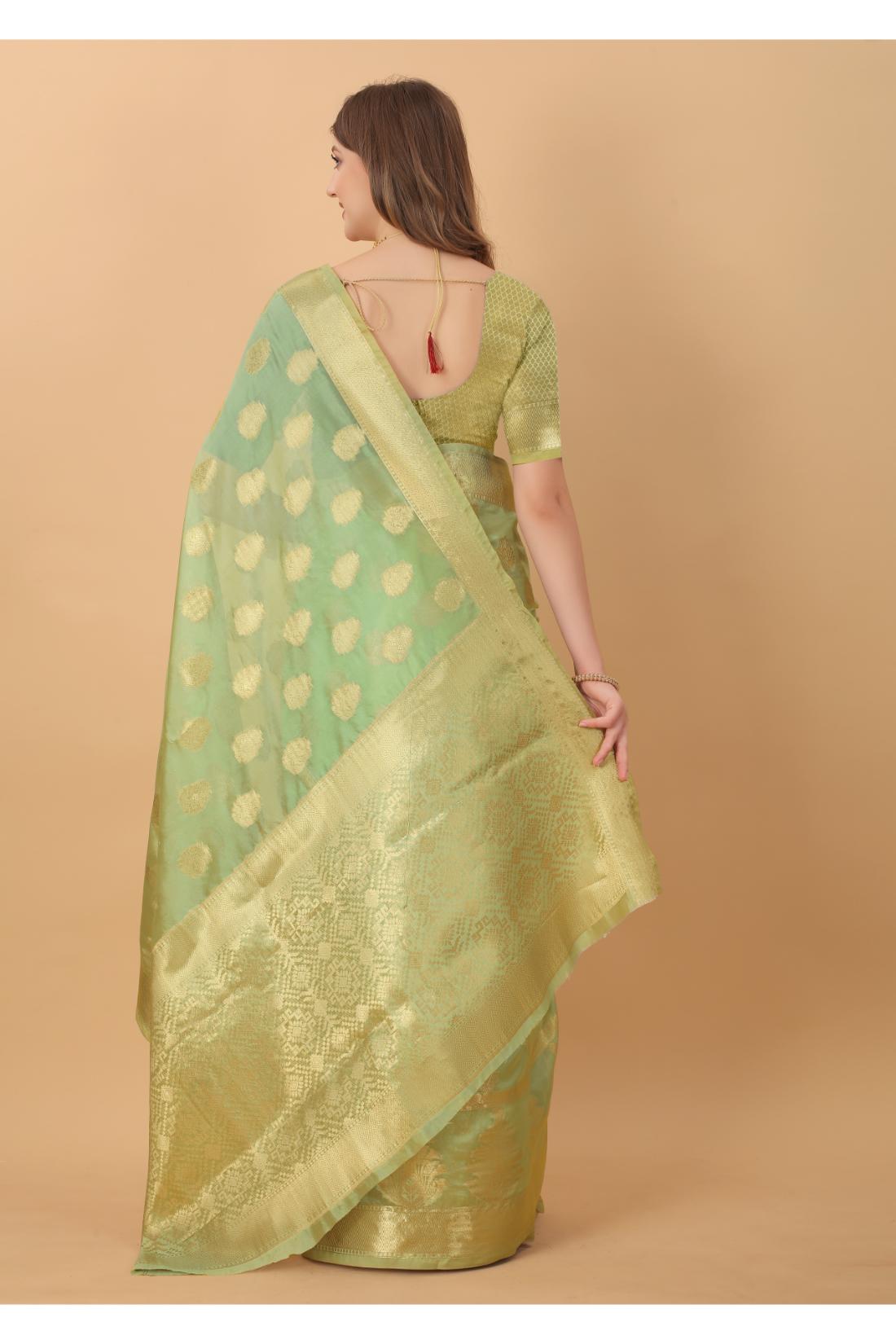 Light Green Color Women’s Rich Golden Zari Woven Soft Organza Silk Saree with Unstitched Blouse Piece.