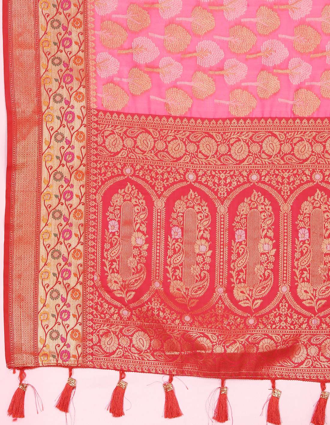 Pink & Red Color Women’s Zari Woven Designer Soft Organza Silk Saree and Rich Pallu Weawing Unstitched Blouse With Blouse Piece.