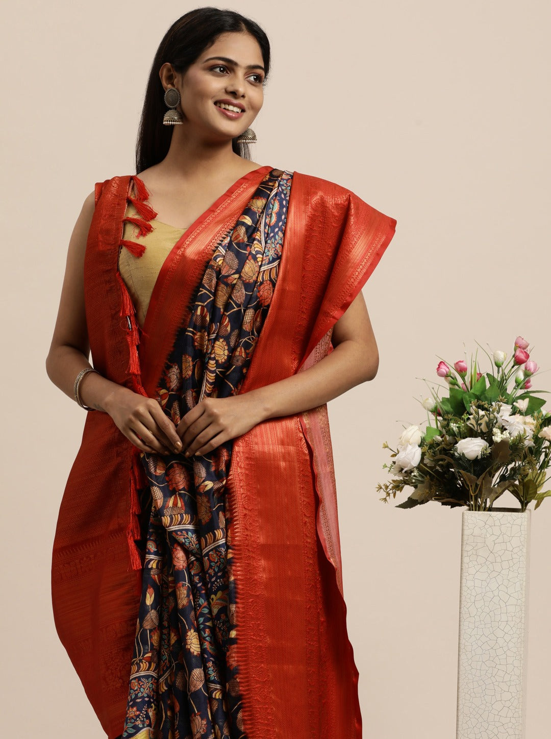 Soft Kanjivaram Silk Saree with Kalamkari Design