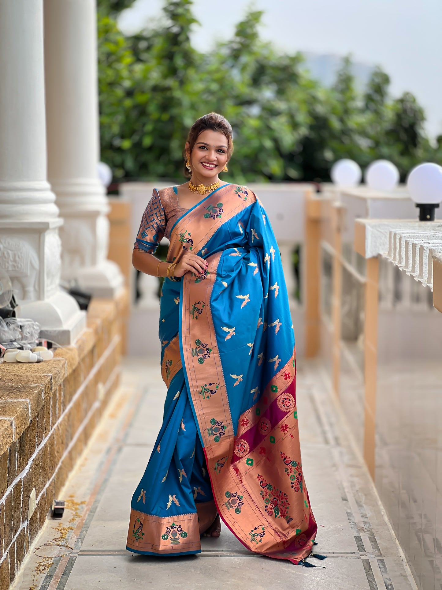 Incredible Rama Color Weaving Work Brilliant Paithani Silk Saree