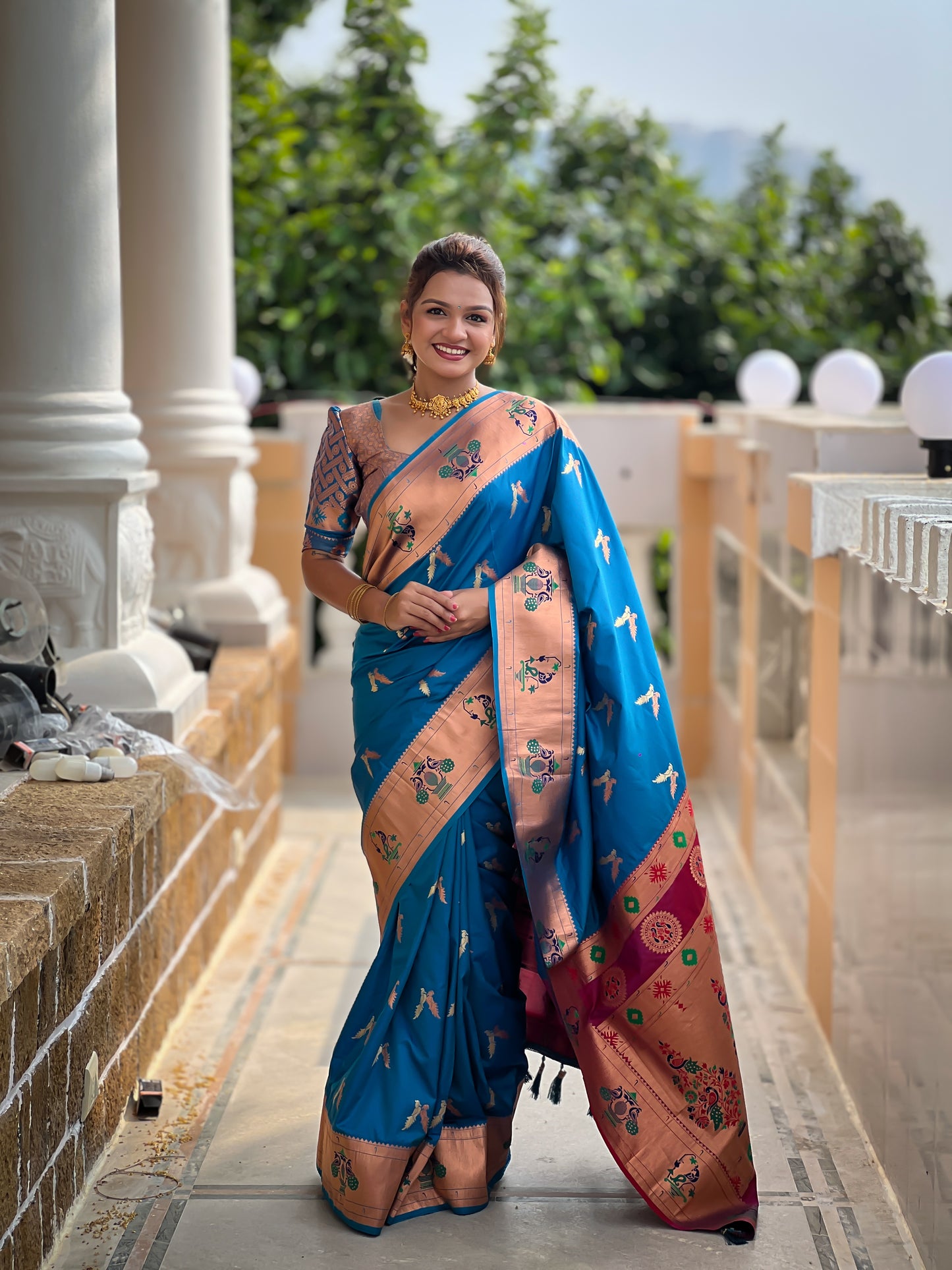 Incredible Rama Color Weaving Work Brilliant Paithani Silk Saree