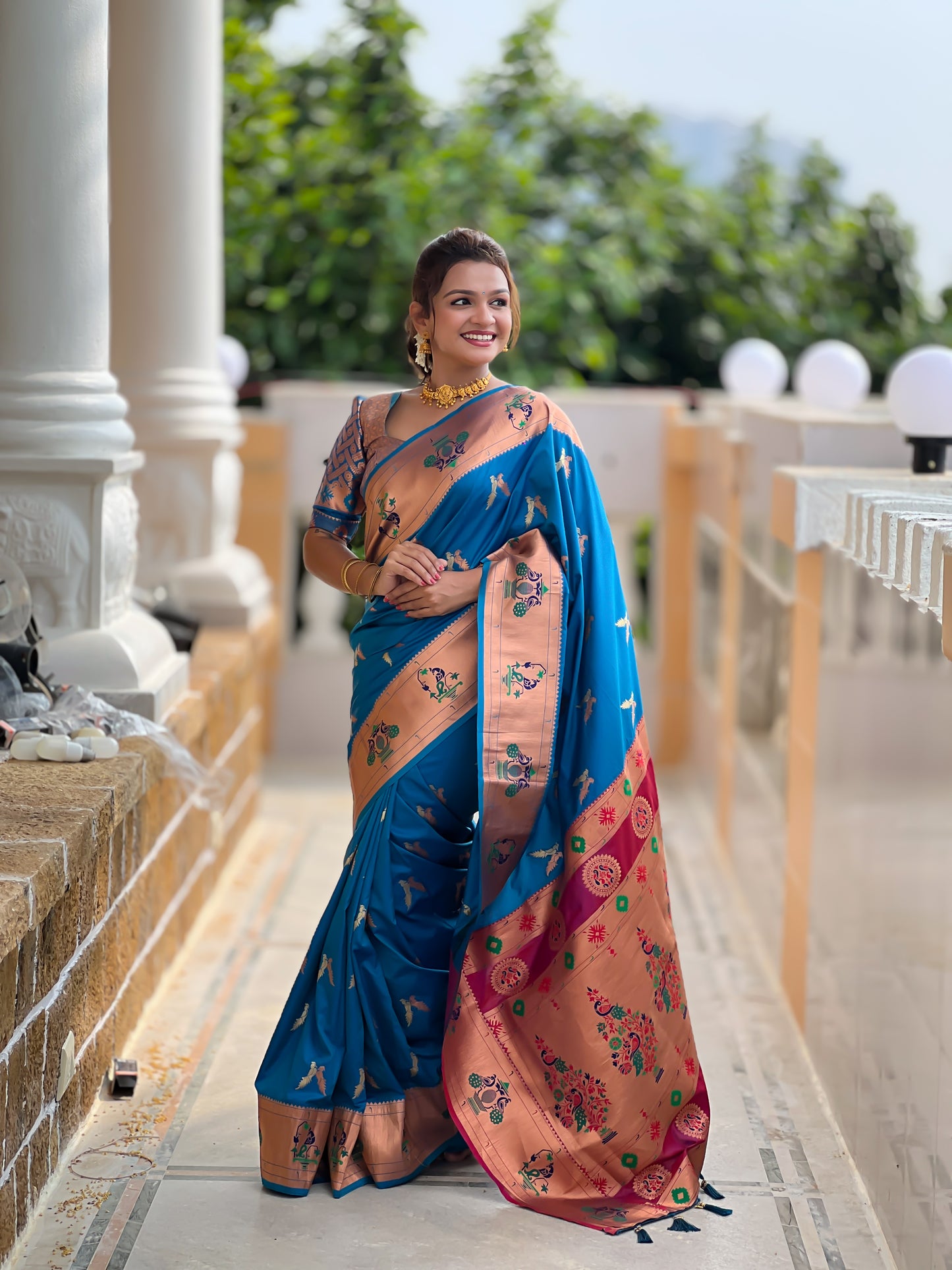 Incredible Rama Color Weaving Work Brilliant Paithani Silk Saree