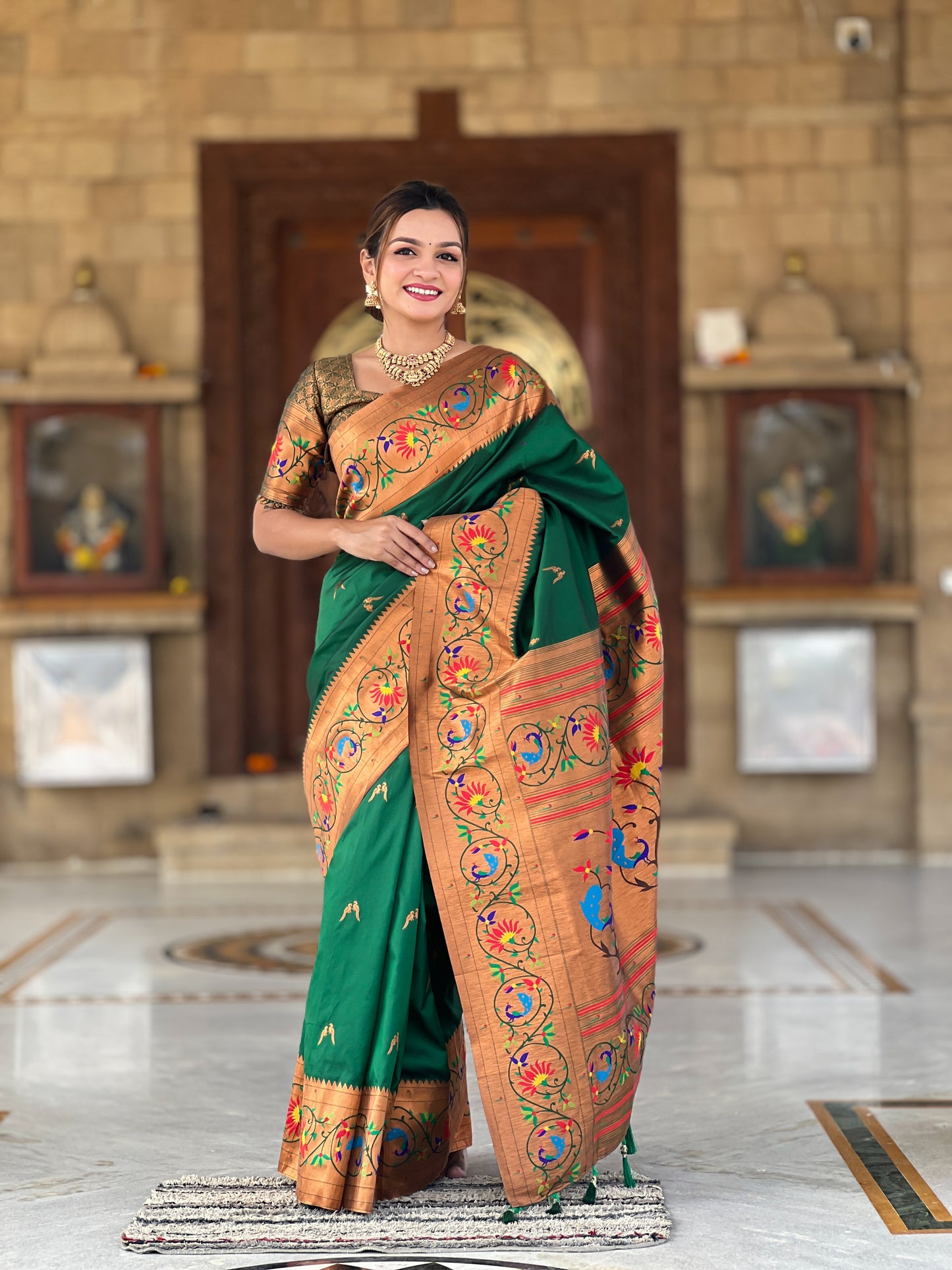 Luxurious Green Paithani Saree With Intricate Gold Minakari Motifs Design