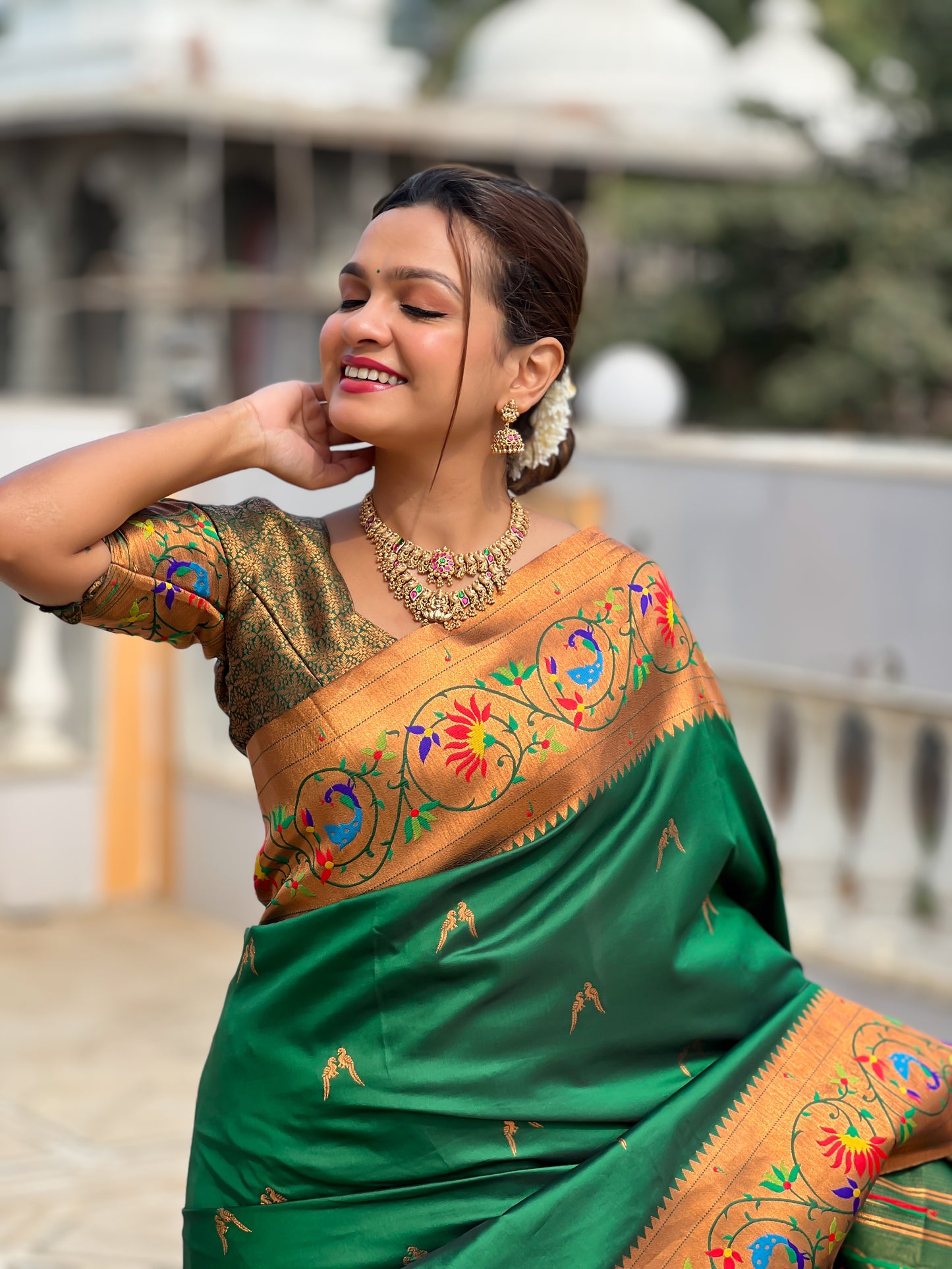 Luxurious Green Paithani Saree With Intricate Gold Minakari Motifs Design