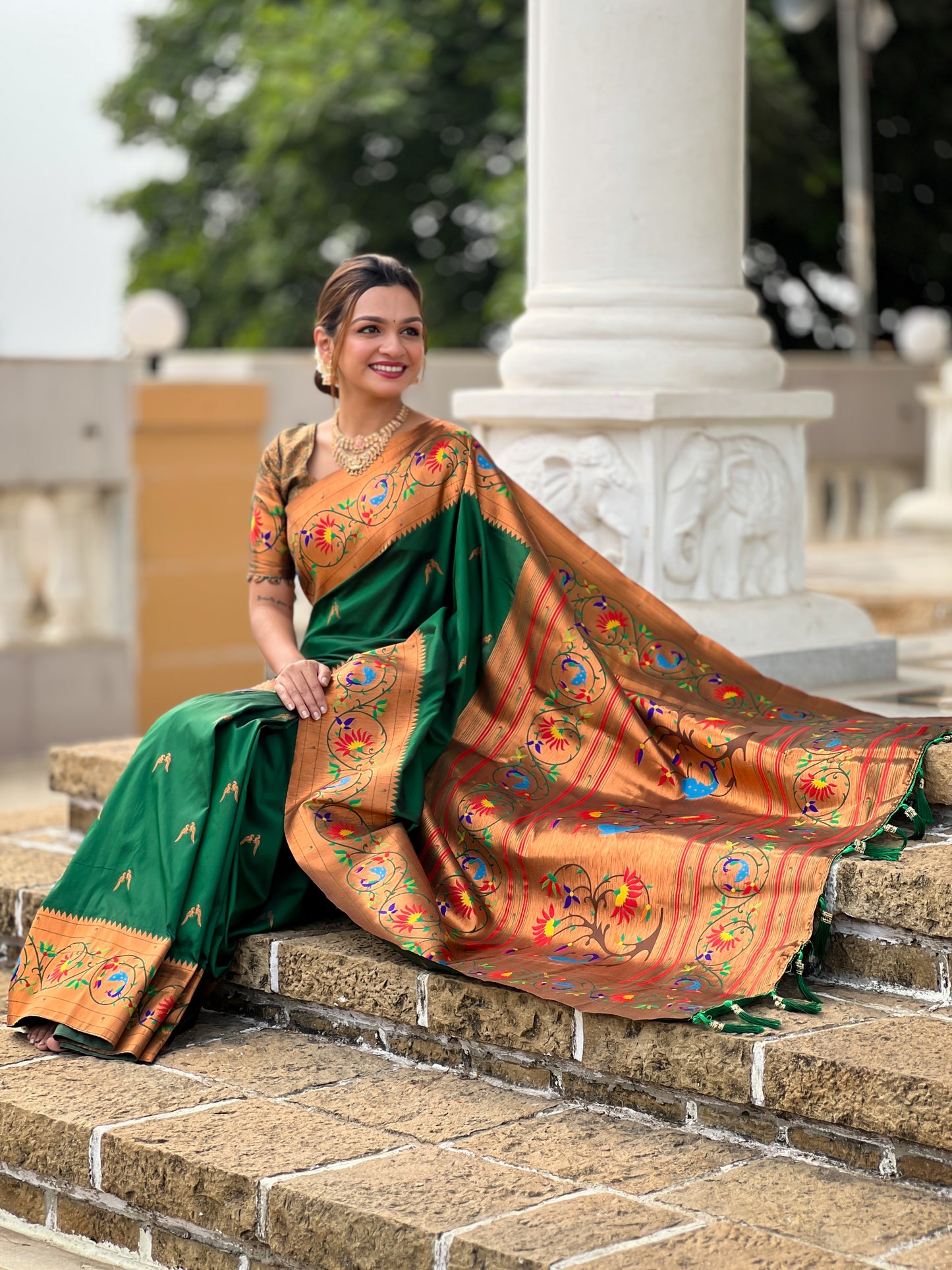Luxurious Green Paithani Saree With Intricate Gold Minakari Motifs Design