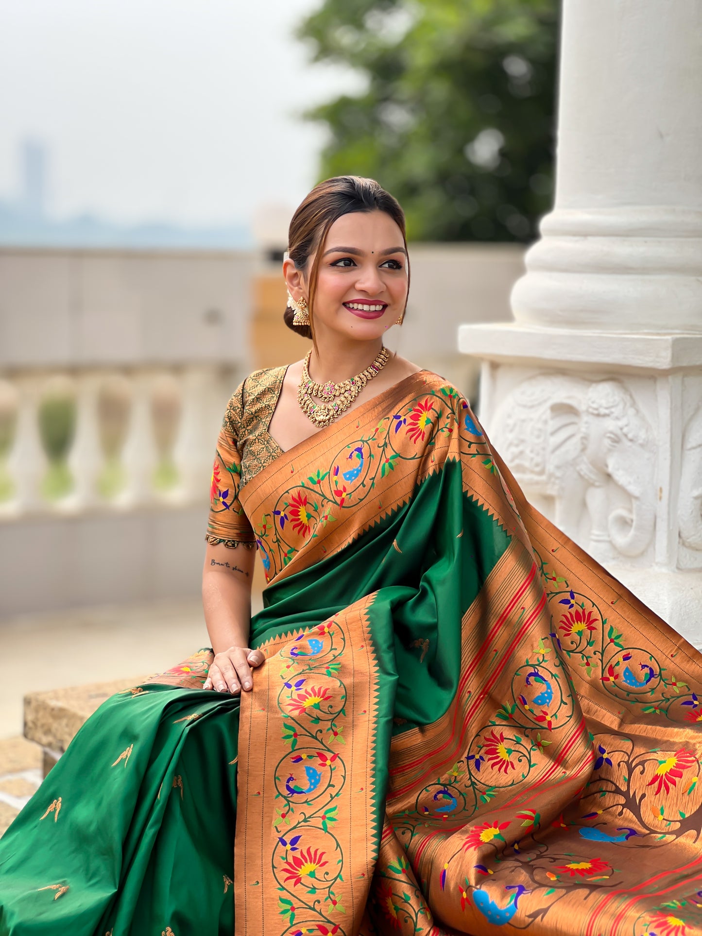 Luxurious Green Paithani Saree With Intricate Gold Minakari Motifs Design