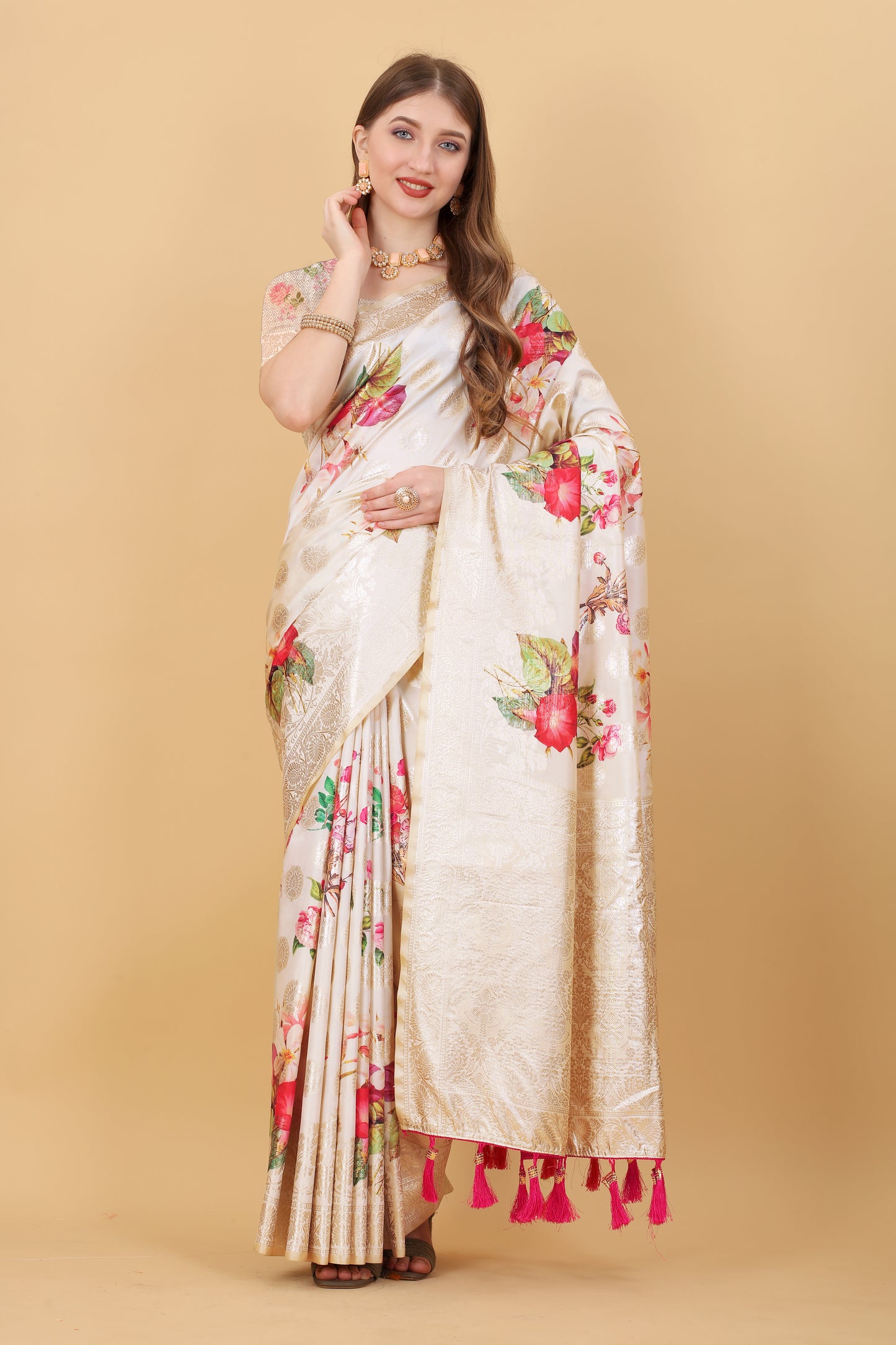 Soft silk saree with beautiful Flowery Digital Print all over the saree and Rich Zari weawing Pallu with zari weawing border & Tessels attach at Pallu end , Blouse :- Silk weawing Blouse piece