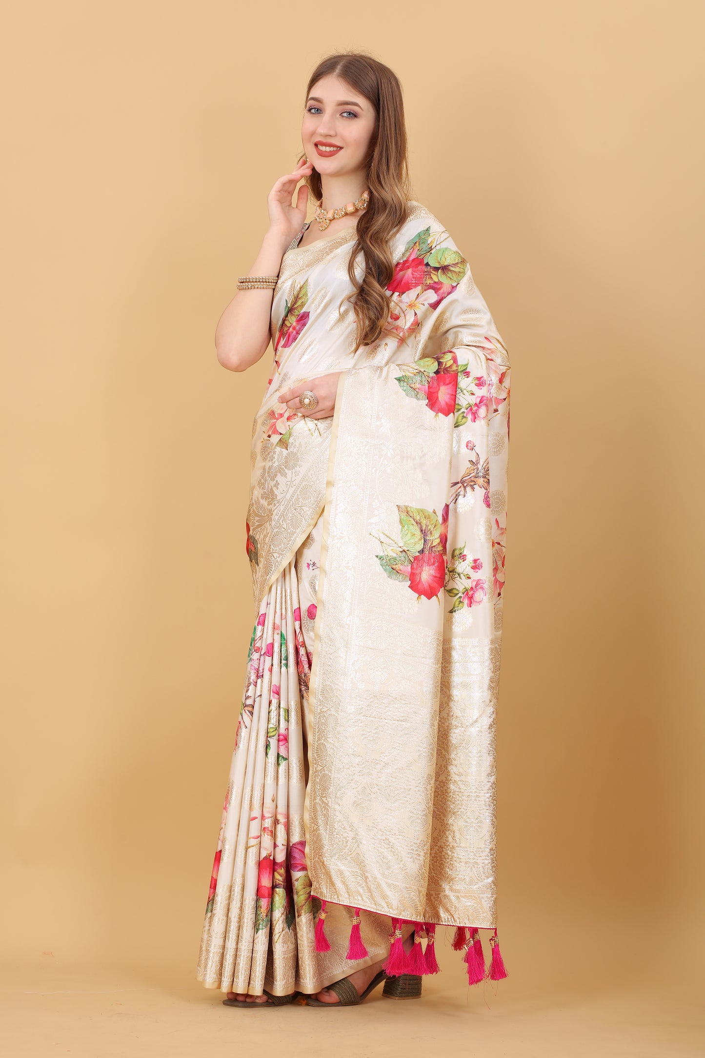 Soft silk saree with beautiful Flowery Digital Print all over the saree and Rich Zari weawing Pallu with zari weawing border & Tessels attach at Pallu end , Blouse :- Silk weawing Blouse piece