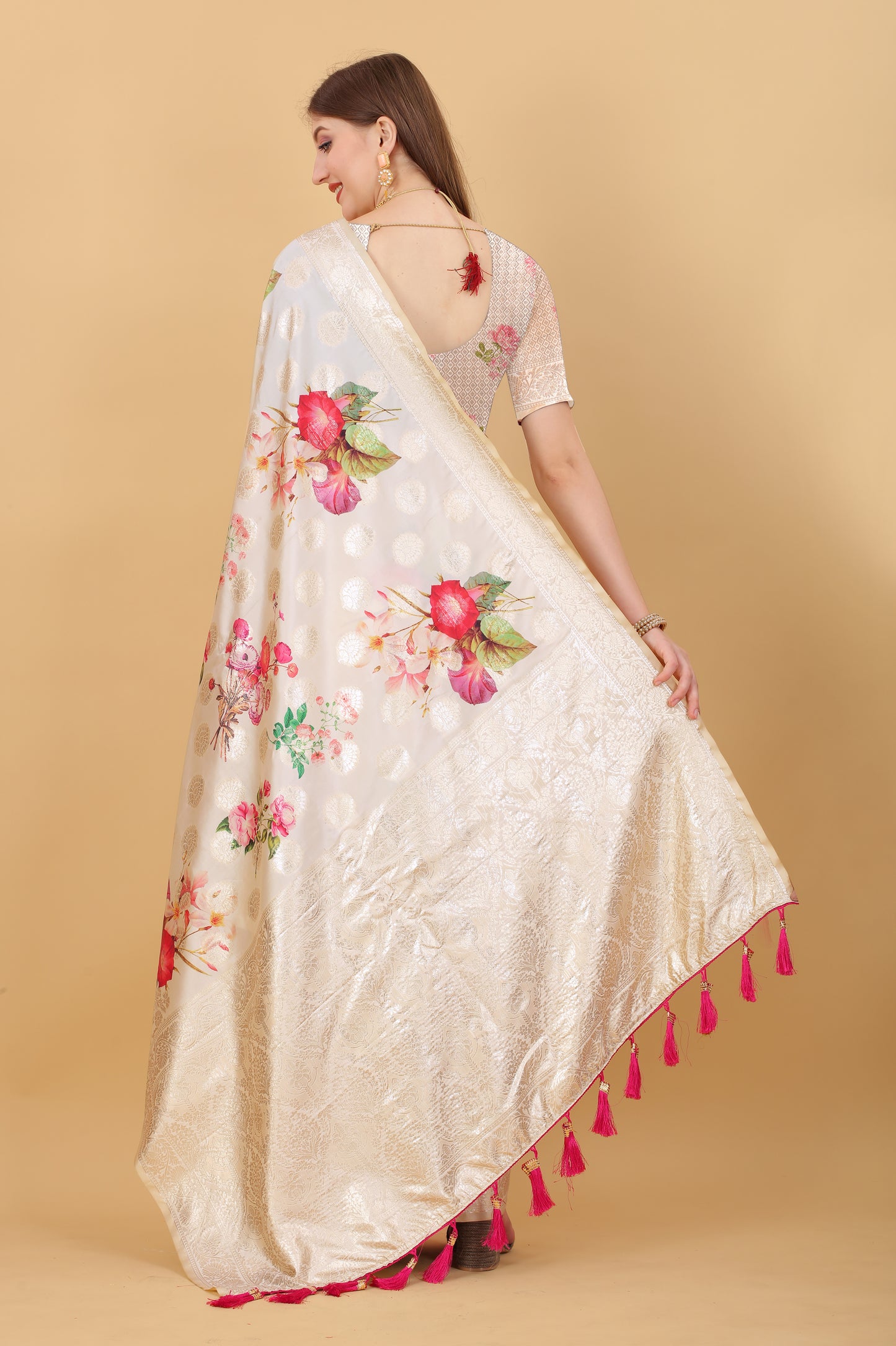 Soft silk saree with beautiful Flowery Digital Print all over the saree and Rich Zari weawing Pallu with zari weawing border & Tessels attach at Pallu end , Blouse :- Silk weawing Blouse piece