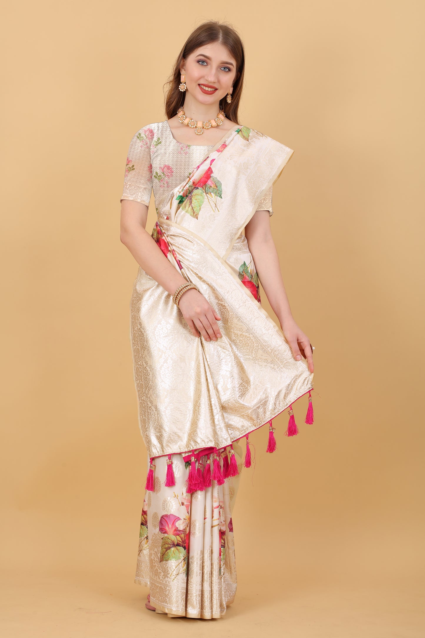 Soft silk saree with beautiful Flowery Digital Print all over the saree and Rich Zari weawing Pallu with zari weawing border & Tessels attach at Pallu end , Blouse :- Silk weawing Blouse piece