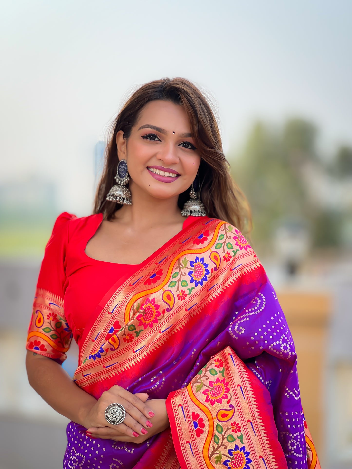 Purple Handwoven Bandhani Silk Saree With Paithani Pallu-Purple