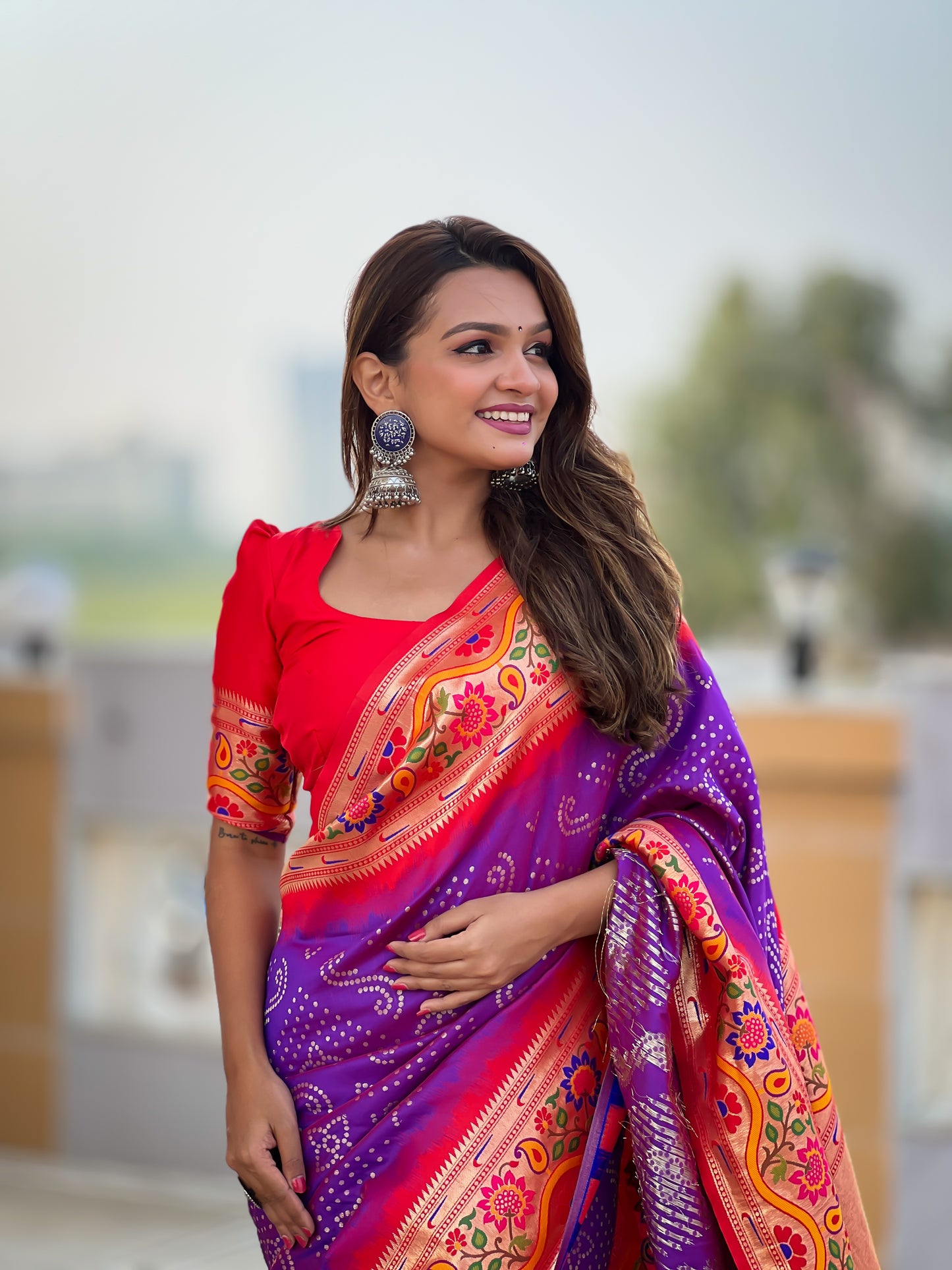Purple Handwoven Bandhani Silk Saree With Paithani Pallu-Purple