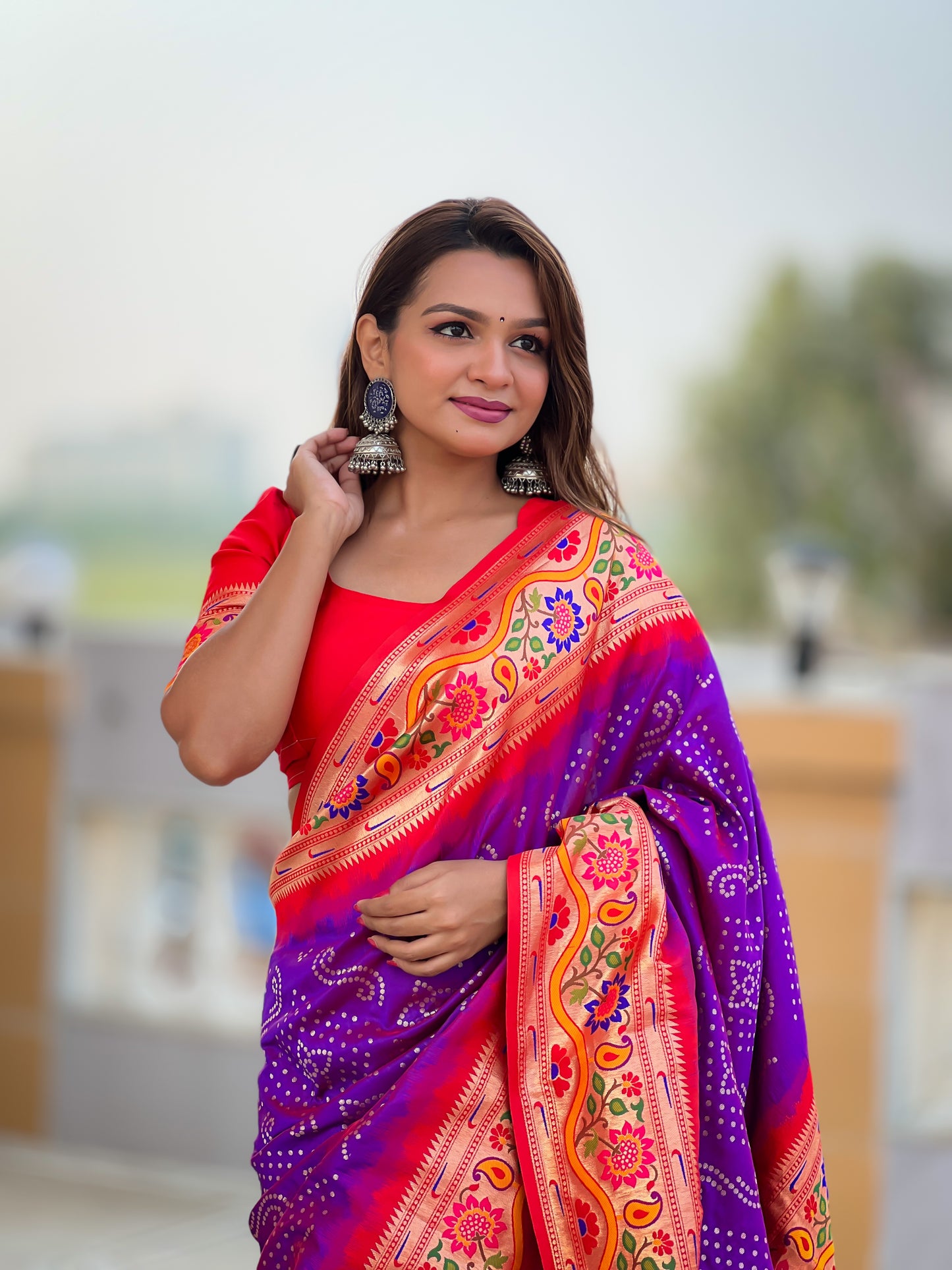 Purple Handwoven Bandhani Silk Saree With Paithani Pallu-Purple