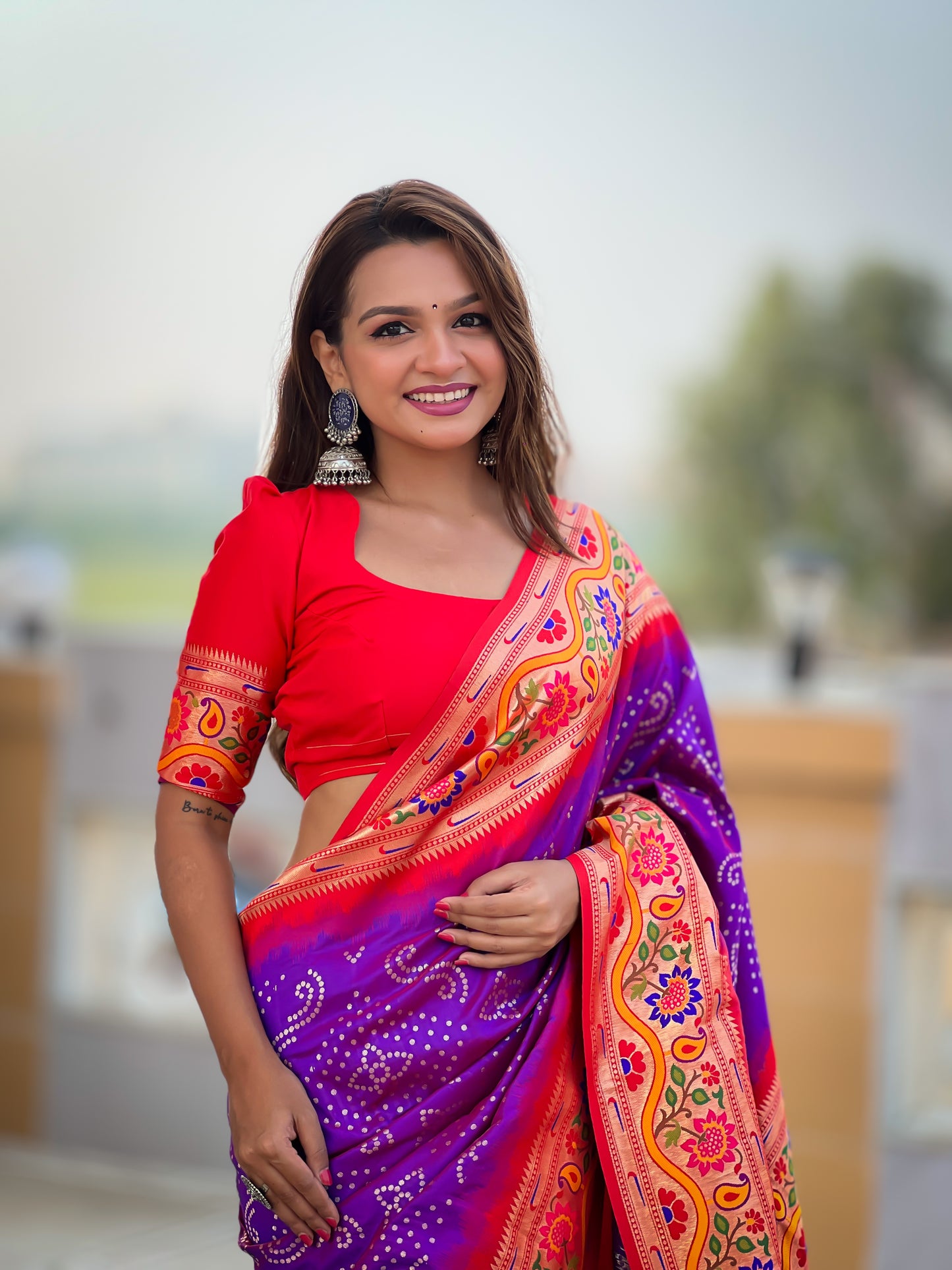 Purple Handwoven Bandhani Silk Saree With Paithani Pallu-Purple