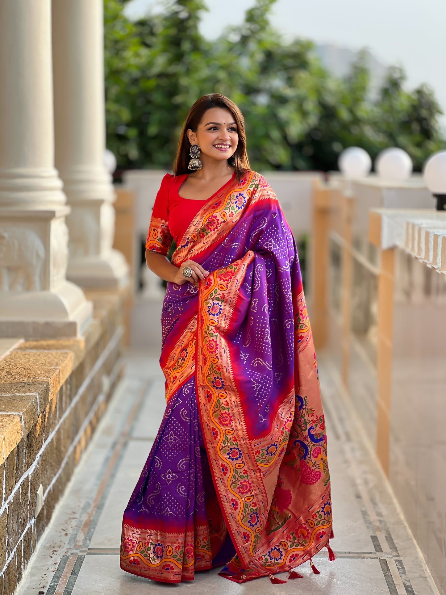 Purple Handwoven Bandhani Silk Saree With Paithani Pallu-Purple