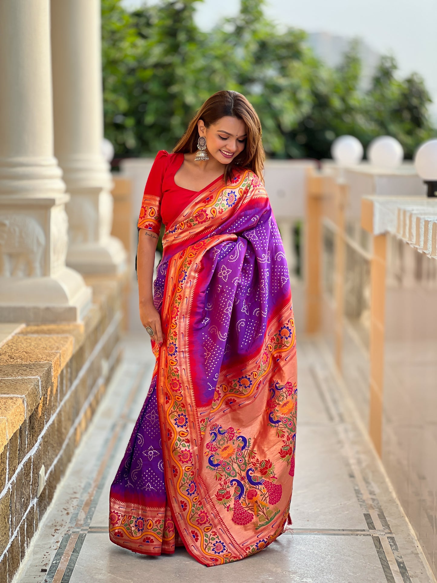 Purple Handwoven Bandhani Silk Saree With Paithani Pallu-Purple