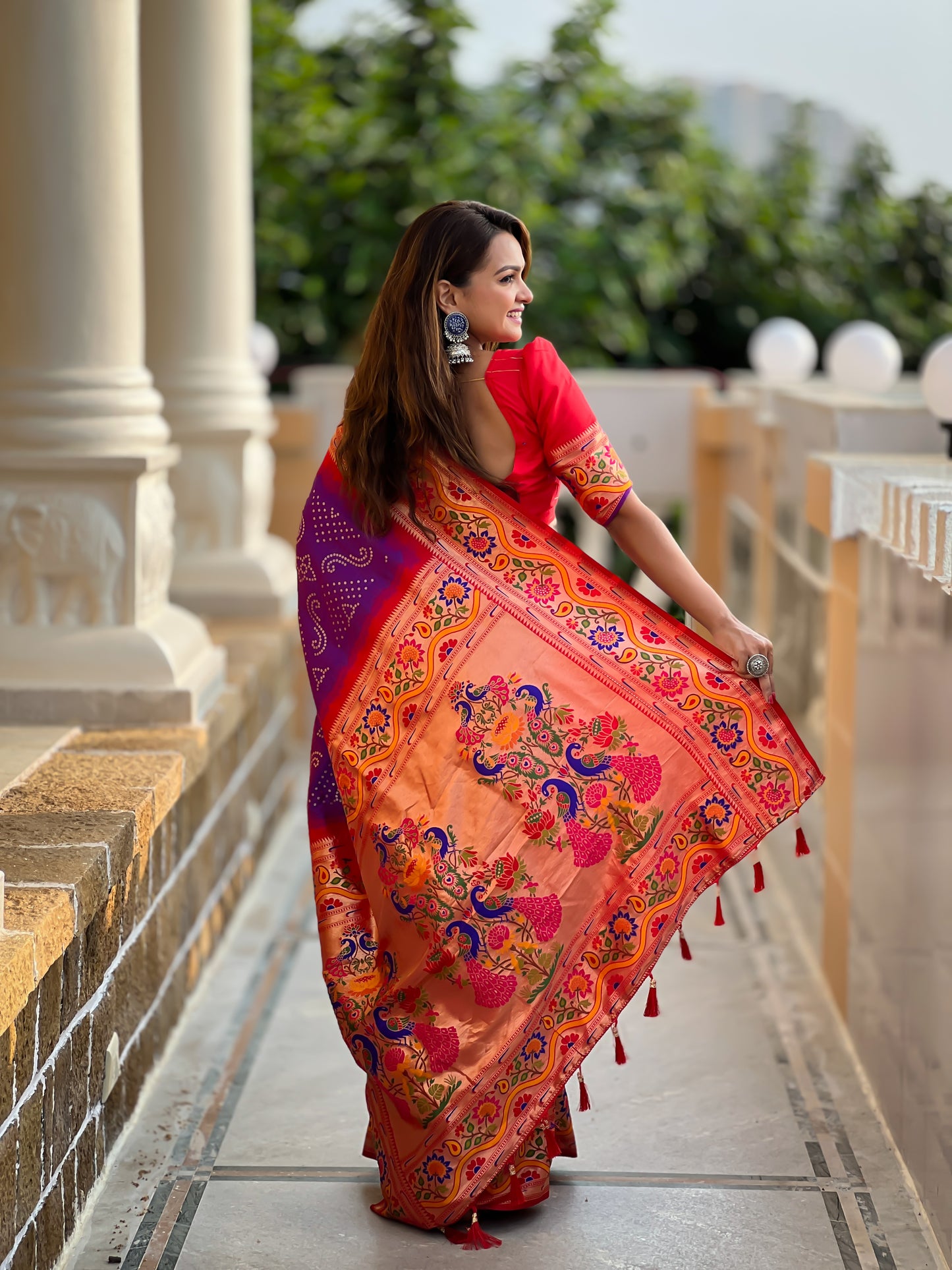Purple Handwoven Bandhani Silk Saree With Paithani Pallu-Purple