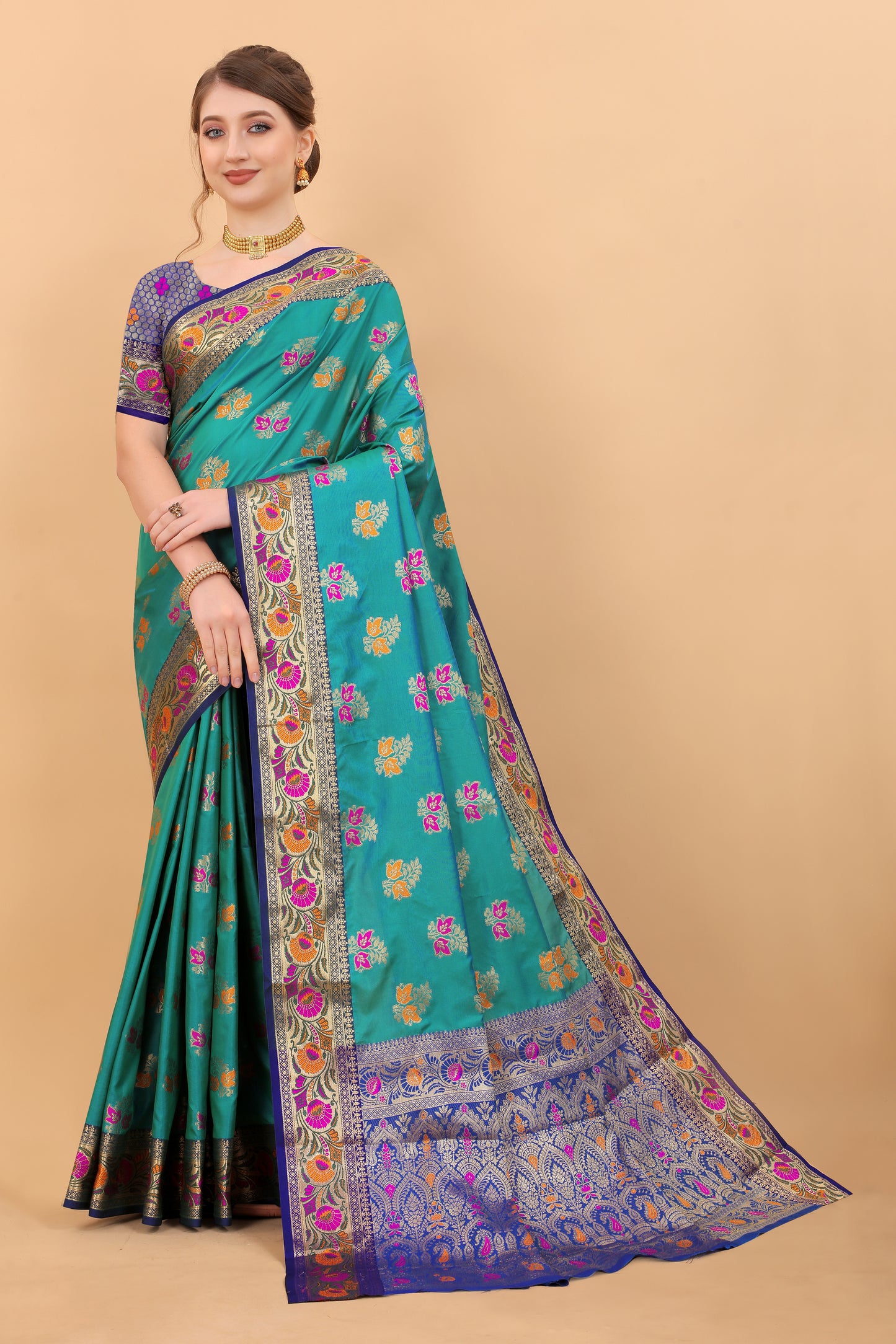 Soft Silk saree with Meenakari weawing design and Rich Zari weawing Pallu with zari weawing border