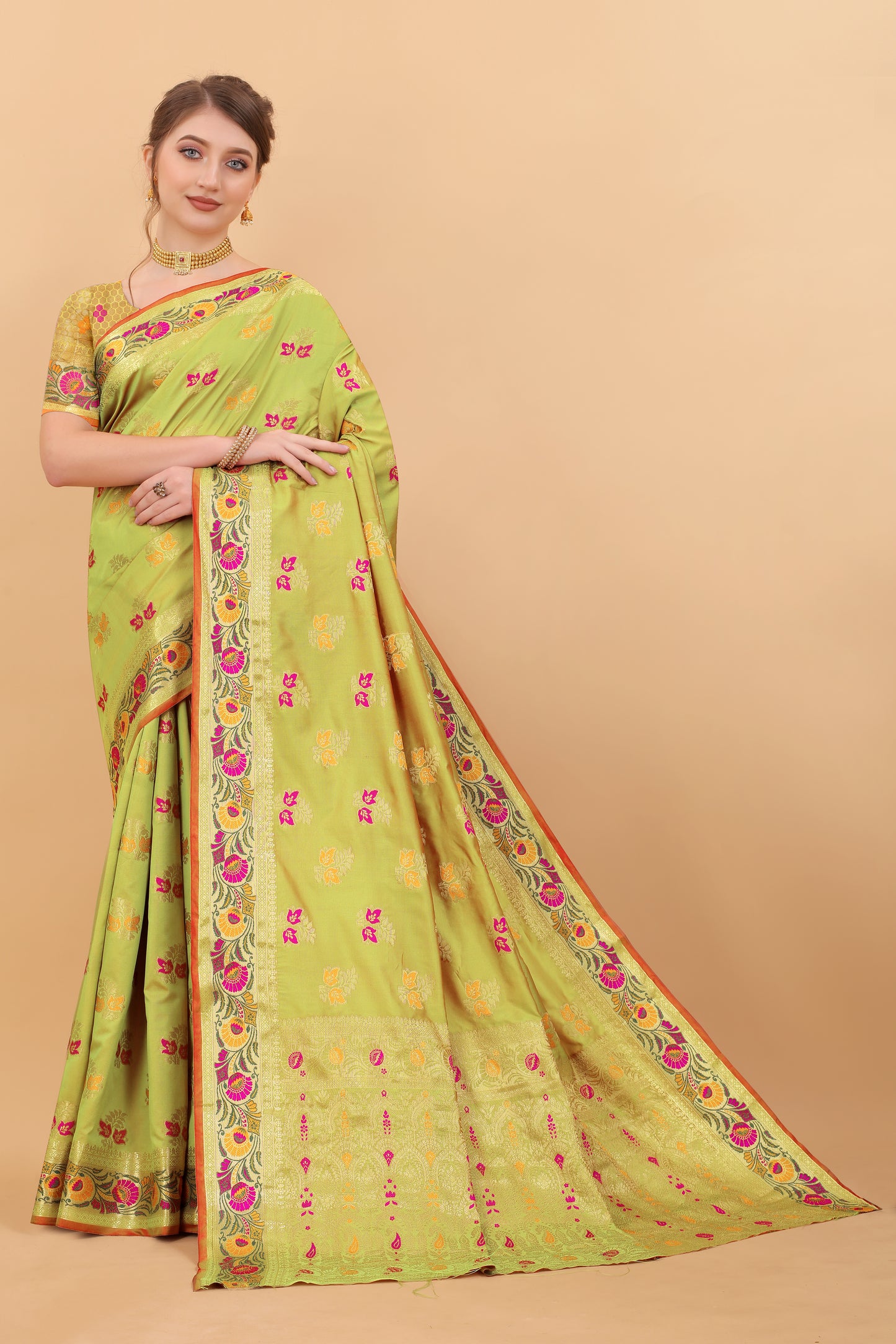 Soft Silk saree with Meenakari weawing design and Rich Zari weawing Pallu with zari weawing border