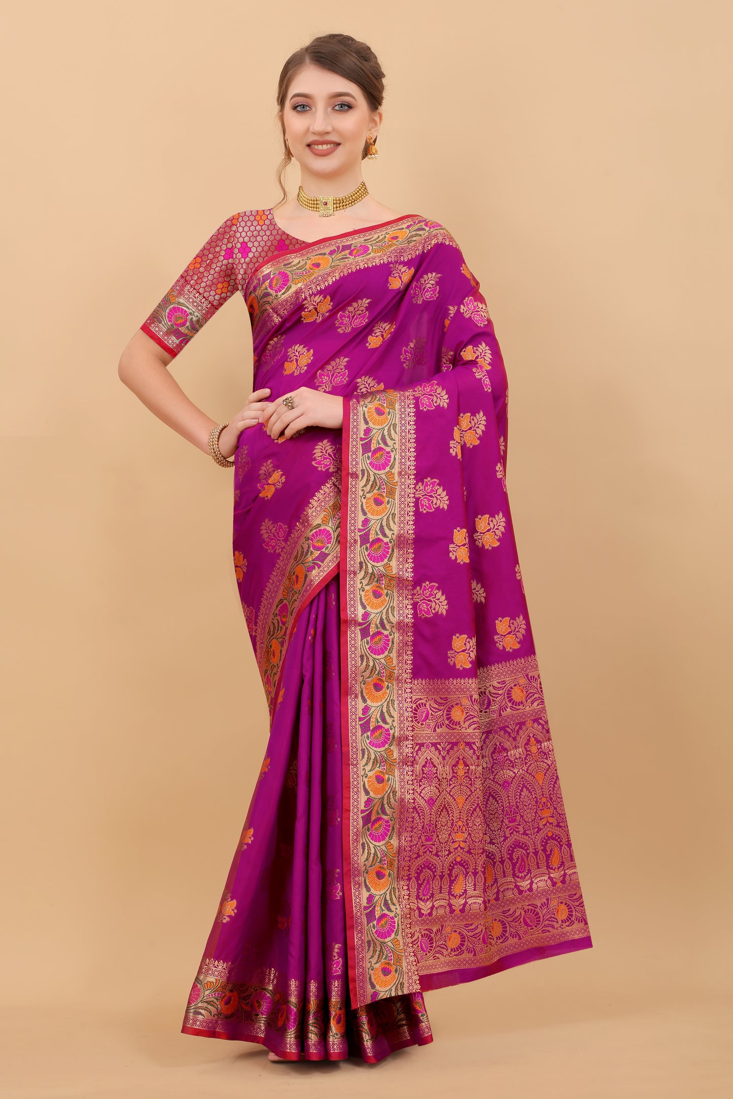 Soft Silk saree with Meenakari weawing design and Rich Zari weawing Pallu with zari weawing border
